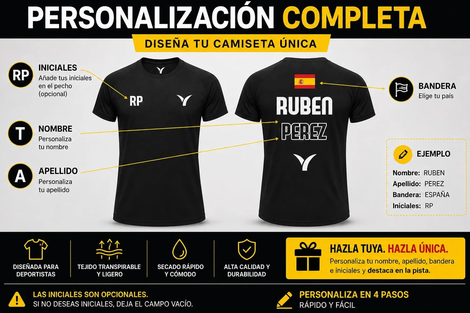 Camiseta Pádel Personalizable Unisex con Nombre y Bandera – Impresión DTF, Transpirable, Secado Rápido