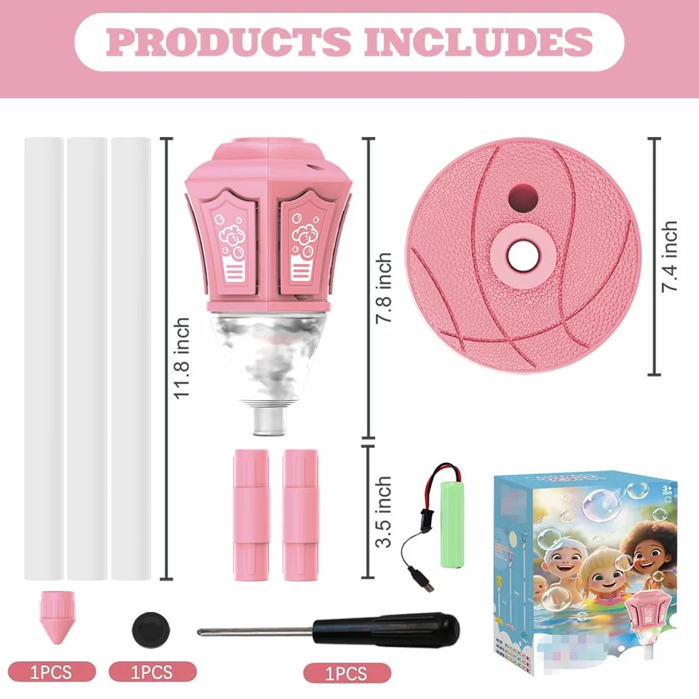 Lámpara de Jardín Bubble Torch con Luz y Música,Altura Regulable 52-115 cm,Máquina de Burbujas Recargable para Exteriores con Mando a Distancia para jardín (Rosa)