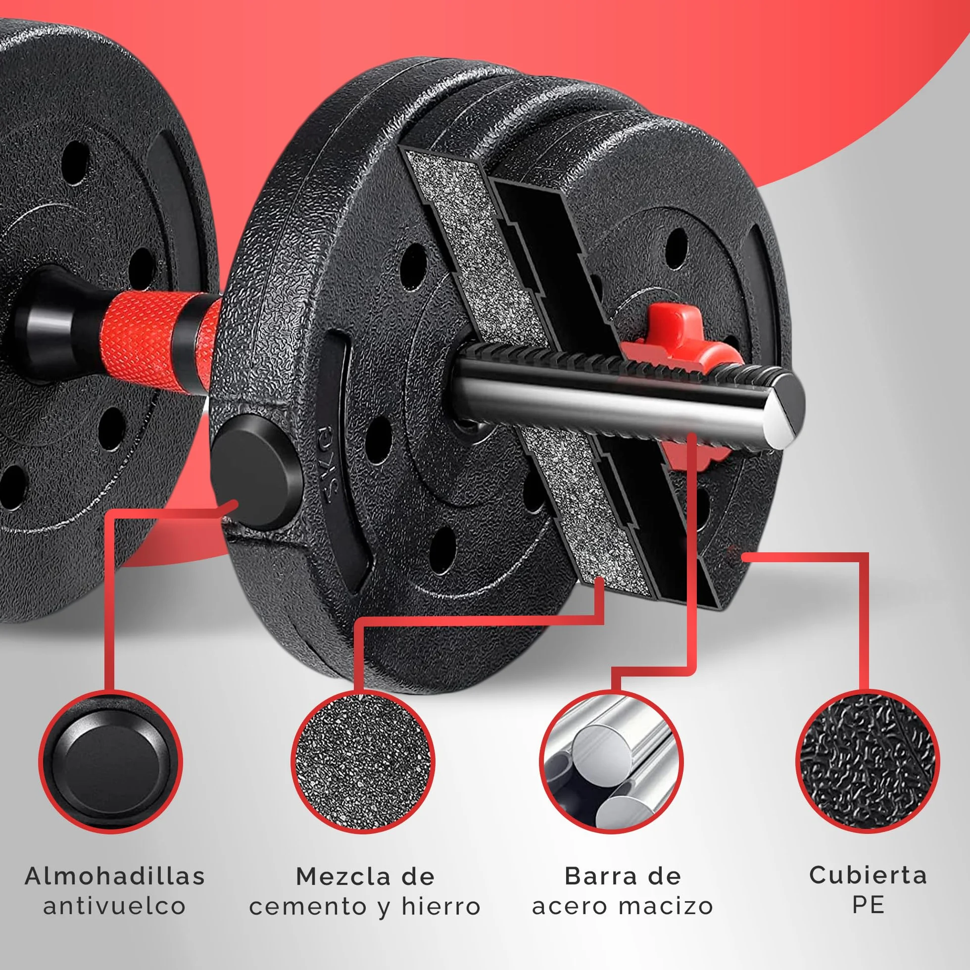 JUPPLIES Juego de Mancuernas Ajustables 2 en 1 10kg 20kg 40kg Kit de Pesas con Barra Recta Antideslizante