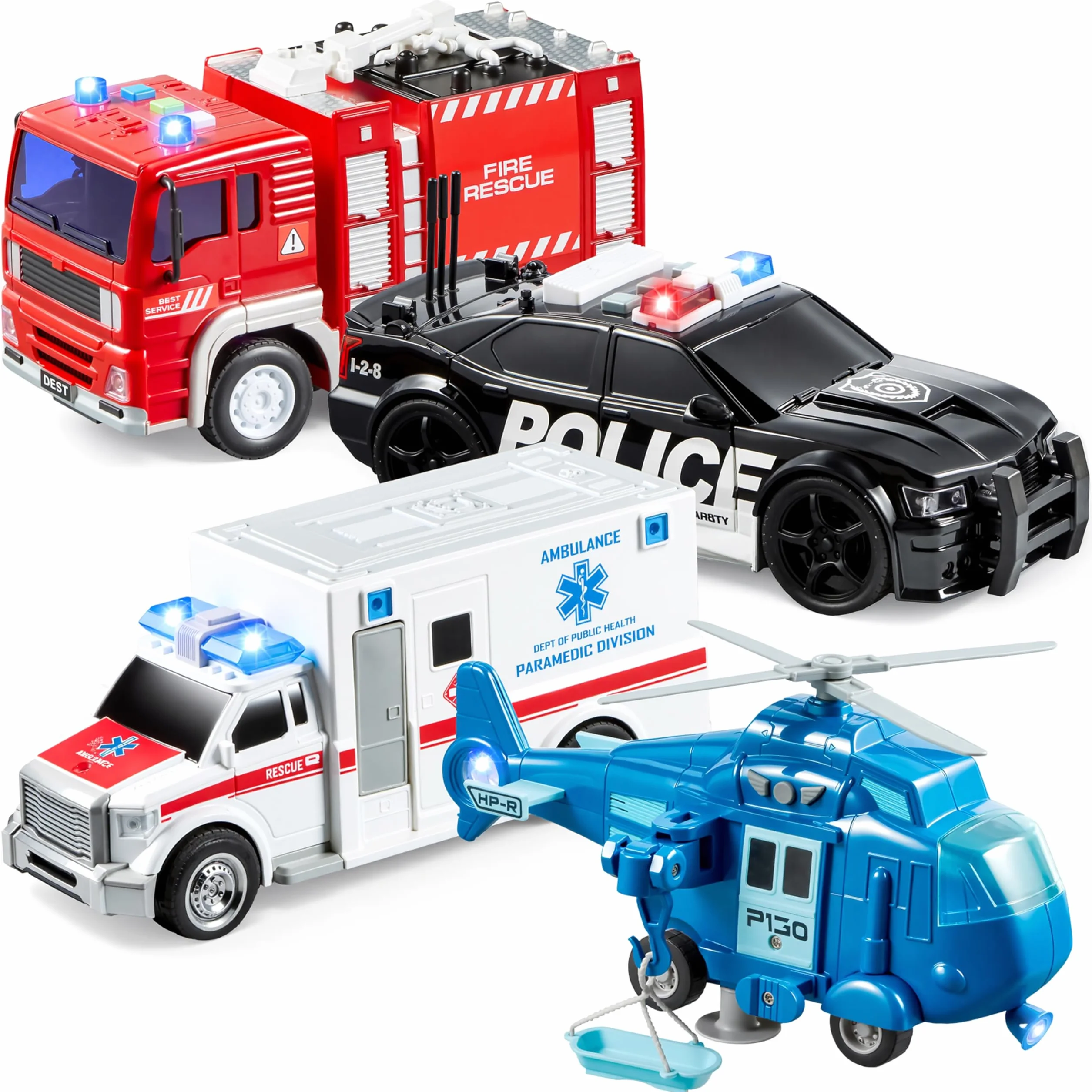 JOYIN Juego de 4 héroes urbanos impulsados por fricción Que Incluye camión de Bomberos, Ambulancia, Coche de policía y helicóptero, vehículos de Emergencia con luz y Sonido