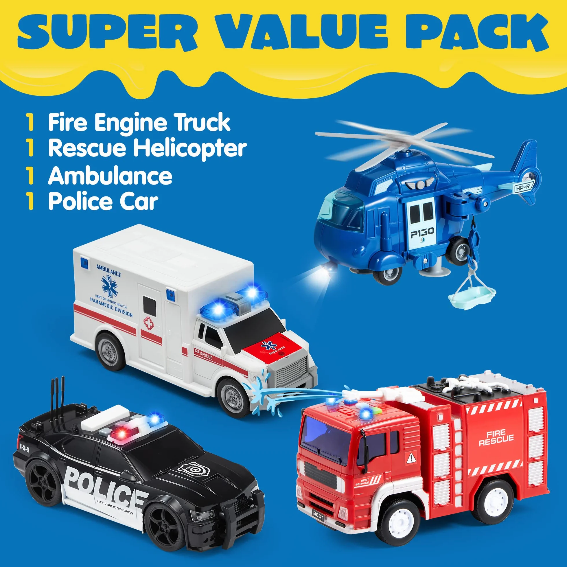 JOYIN Juego de 4 héroes urbanos impulsados por fricción Que Incluye camión de Bomberos, Ambulancia, Coche de policía y helicóptero, vehículos de Emergencia con luz y Sonido