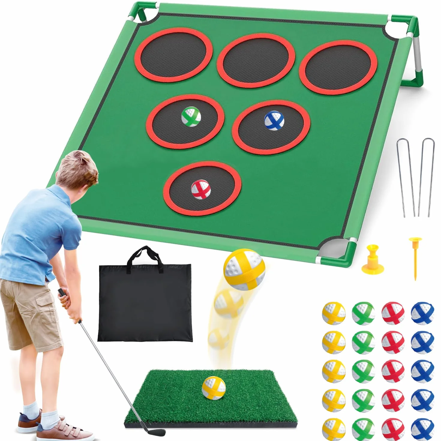 Mostop Juego de juego de golf – Juego de Cornhole para patio trasero incluye alfombrilla de putt, 20 bolas adhesivas, 6 fundas de agujero, bolsa de transporte, juegos de patio de golf para adultos