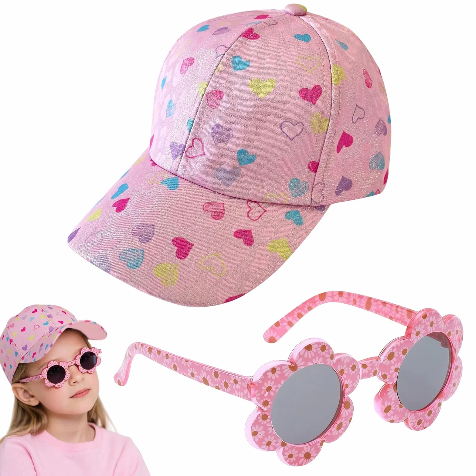 Gorra de Niña con Visera y Gafas de Sol Florales Set Verano Transpirable Ajustable 52-56 cm Rosa