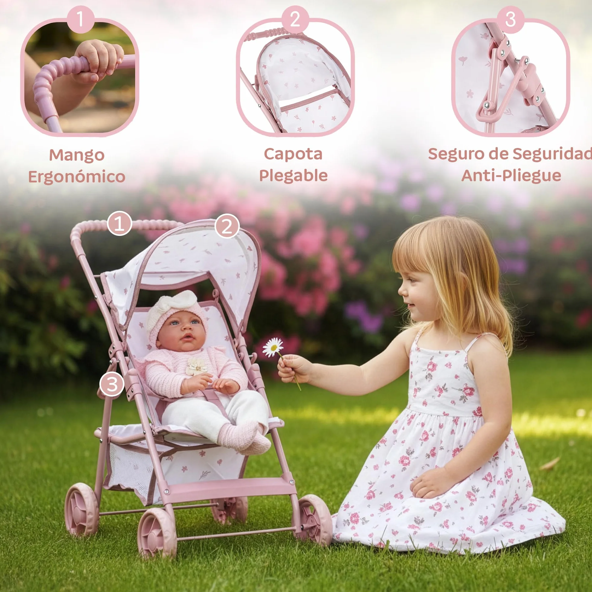 Kinderplay Cochecito de muñecas a Partir de 3 años: Cochecito Plegable Ligero para niñas con Ruedas EVA, cinturón y Visera – Cochecito de Juguete Rosa para muñecas