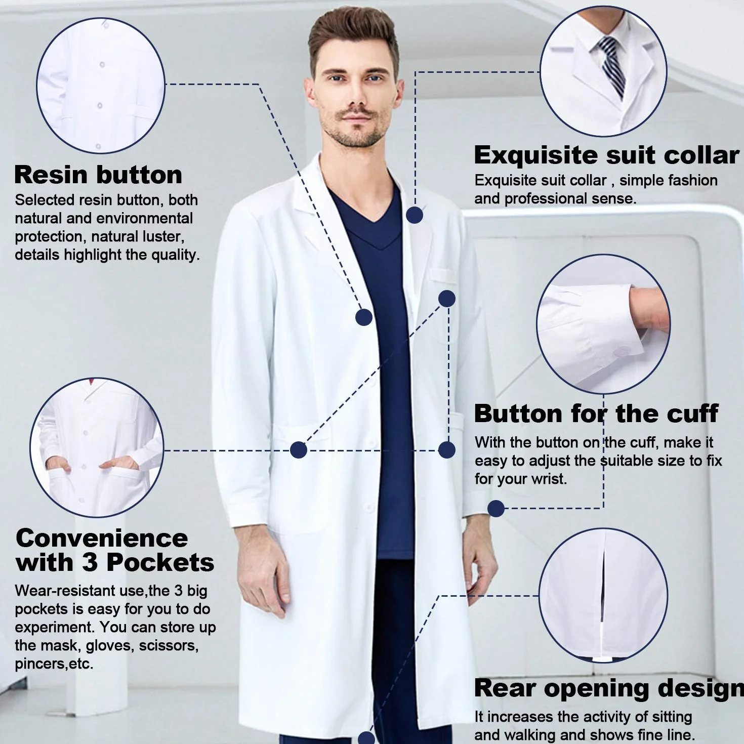 Bata Laboratorio Médico Blanco Larga para Hombres y Mujeres Uniformes Sanitarios