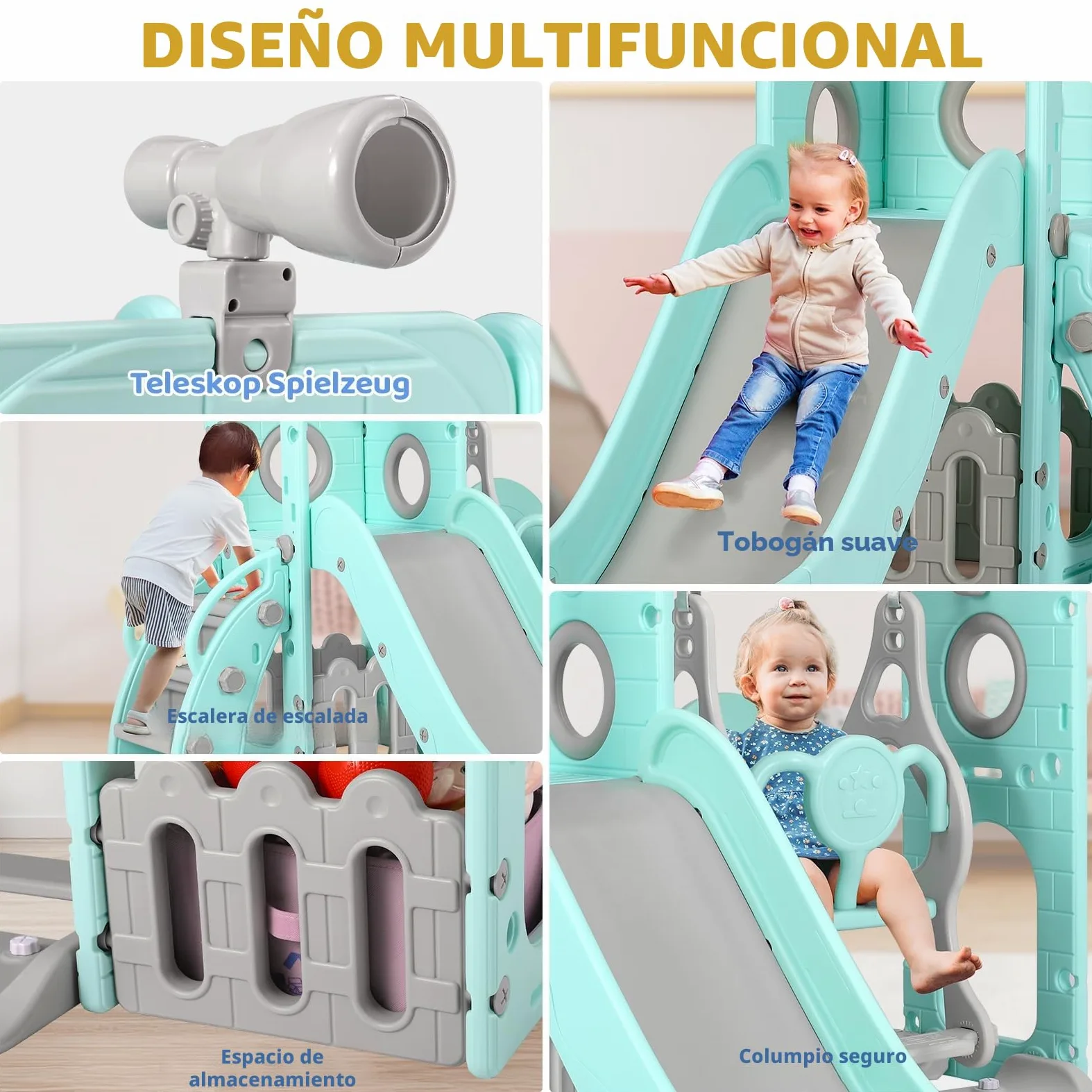 Tobogán y Columpio, Parque Infantil 5 en 1, con Tobogán Largo, Columpio, Escalada, Telescopio de Juego, Almacenamiento, Tobogán para Interior y Exterior, Juego de Tobogán para Bebé, Verde Gris