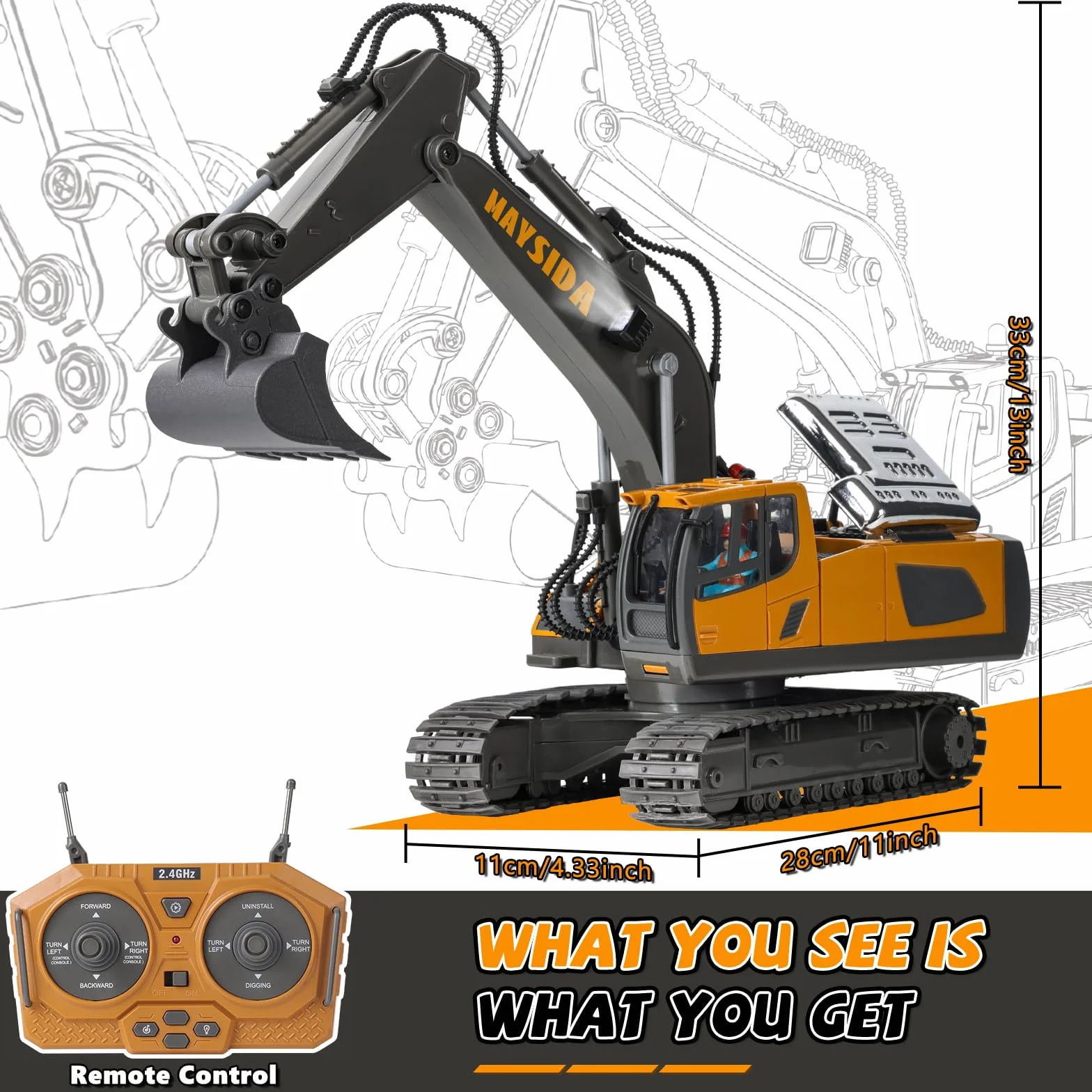 Excavadora Teledirigido Niños 6-12 Años, Excavadora Juguete Teledirigido 11 CH Recargable con Pala de Metal, Sonido y Luz, Juguetes Niños 3 4 5 6 7 Años Juguetes Regalo Niño 4 5 6 7 8 9 Años (2,4 GHz)