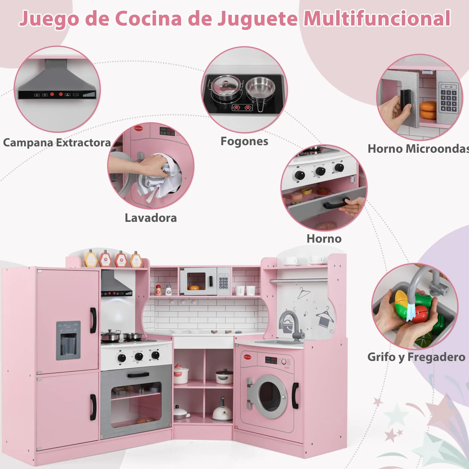 GOPLUS Cocina de Juguete de Esquina para Niños, Cocinita Infantil con Máquina de Hielo, Microondas, Estufa, Horno, Fregadero, Lavadora, con Luces y Sonidos para Niños Pequeños de 3-10 Años (Rosa)