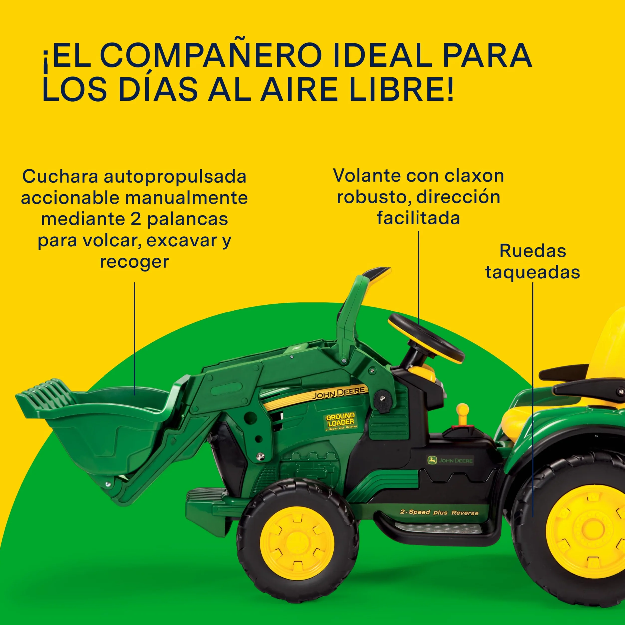 Peg John Deere Ground Loader Tractor Eléctrico Montable para Niños 3+ Años con Batería Recargable 12V, Radio FM y Pala Delantera Funcional