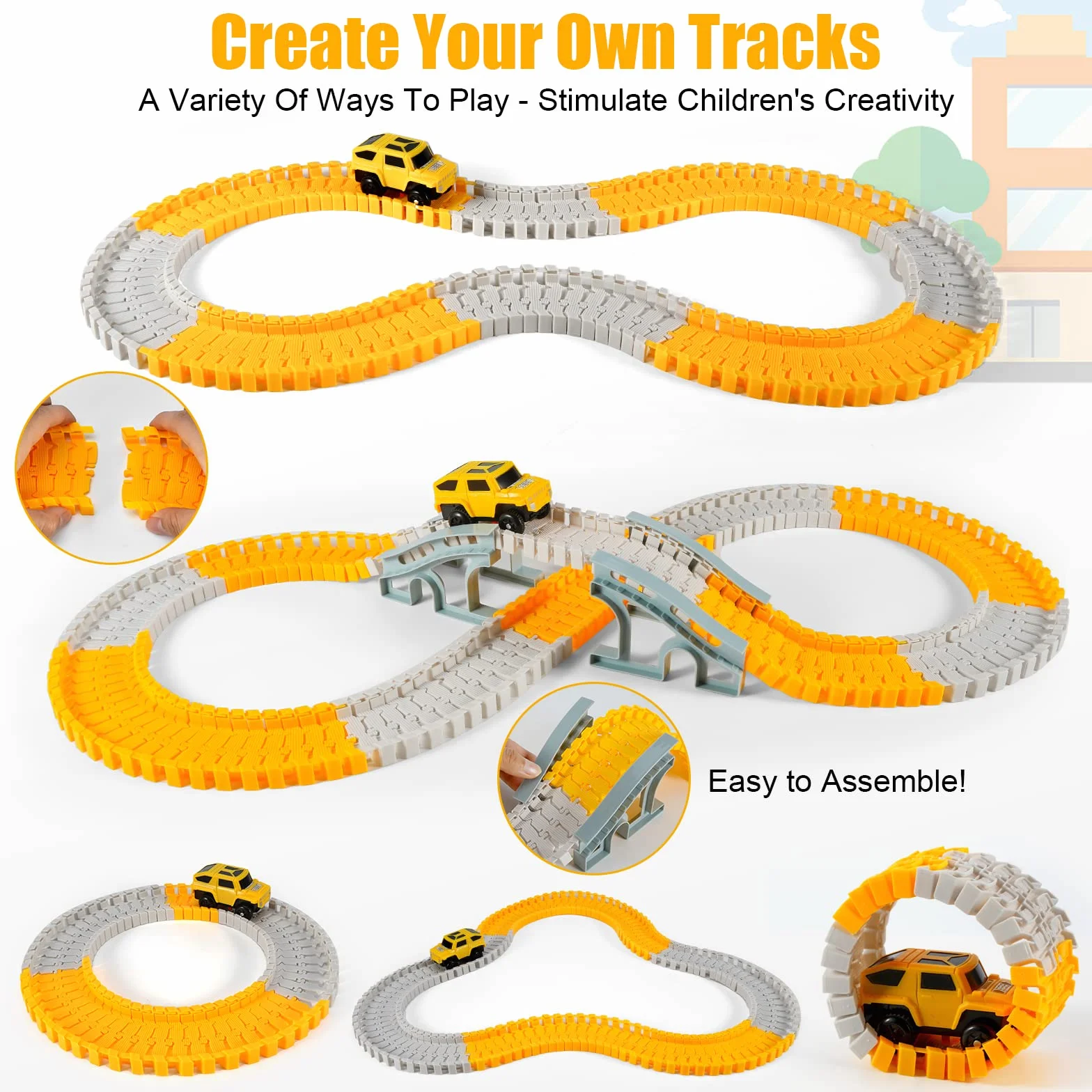 kizplays 260 Piezas Car Racing Track 6 Excavator Toy Autopista de 3 4 5 6 Años Flexible Track Crane Games Electric Car para Niños Regalo