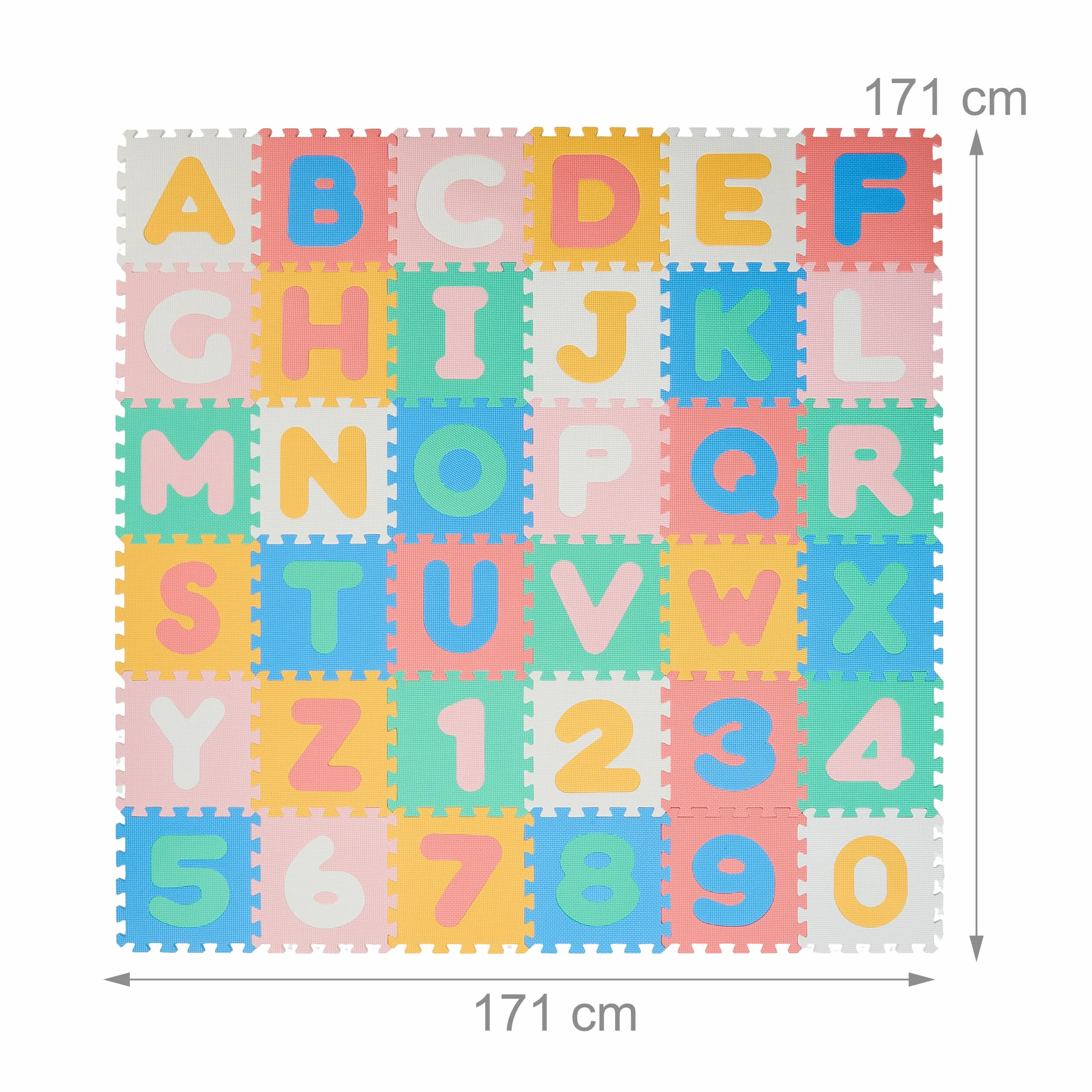 Relaxdays Alfombra Infantil Puzzle ABC y Números, 36 Piezas, 171 x 171 cm, Gomaespuma, Multicolor