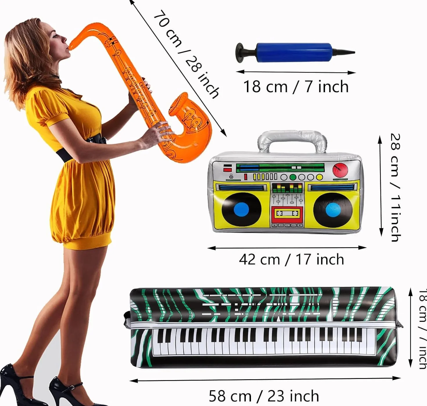 16pcs Juegos de Instrumentos inflables,Juego Estrella de Rock Inflable,Guitarra Inflable, micrófono saxofón, Gafas de Sol, Accesorios de Fiesta inflables