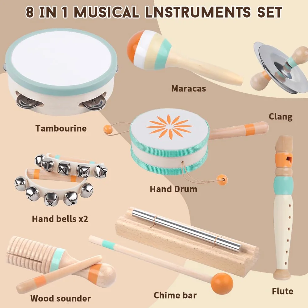 Instrumentos Musicales para Bebés - Juguetes de Madera Montessori para Niños de 1 a 3 Años, Instrumentos de Percusión, Cumpleaños (8 en 1)