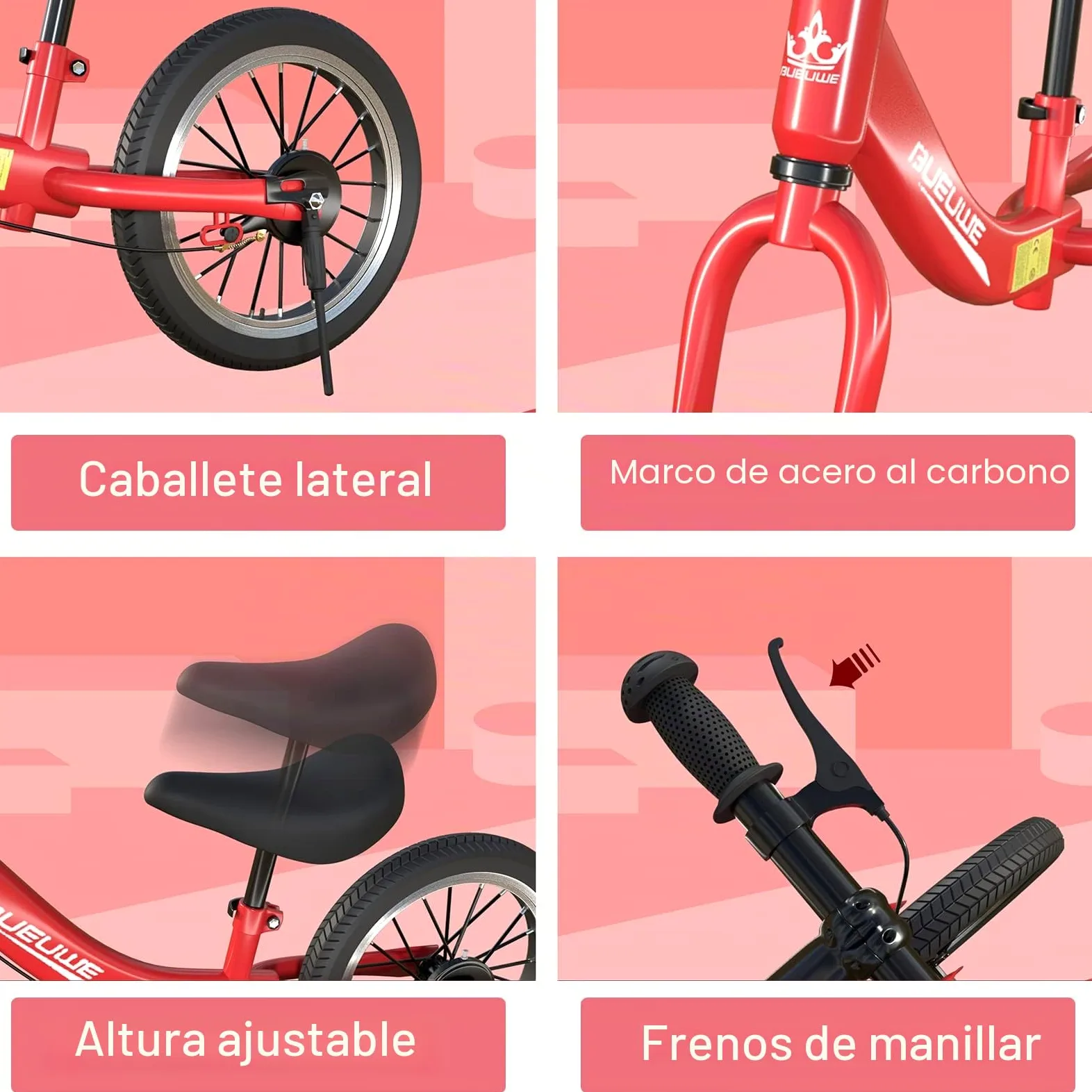 Bicicleta Sin Pedales con Freno de 2-6 años, Bici Equilibrio de 14 Pulgadas con Caballete y Timbre, Altura de Sillín Regulable, hasta 40kg, Juguetes pour Niña y Niños