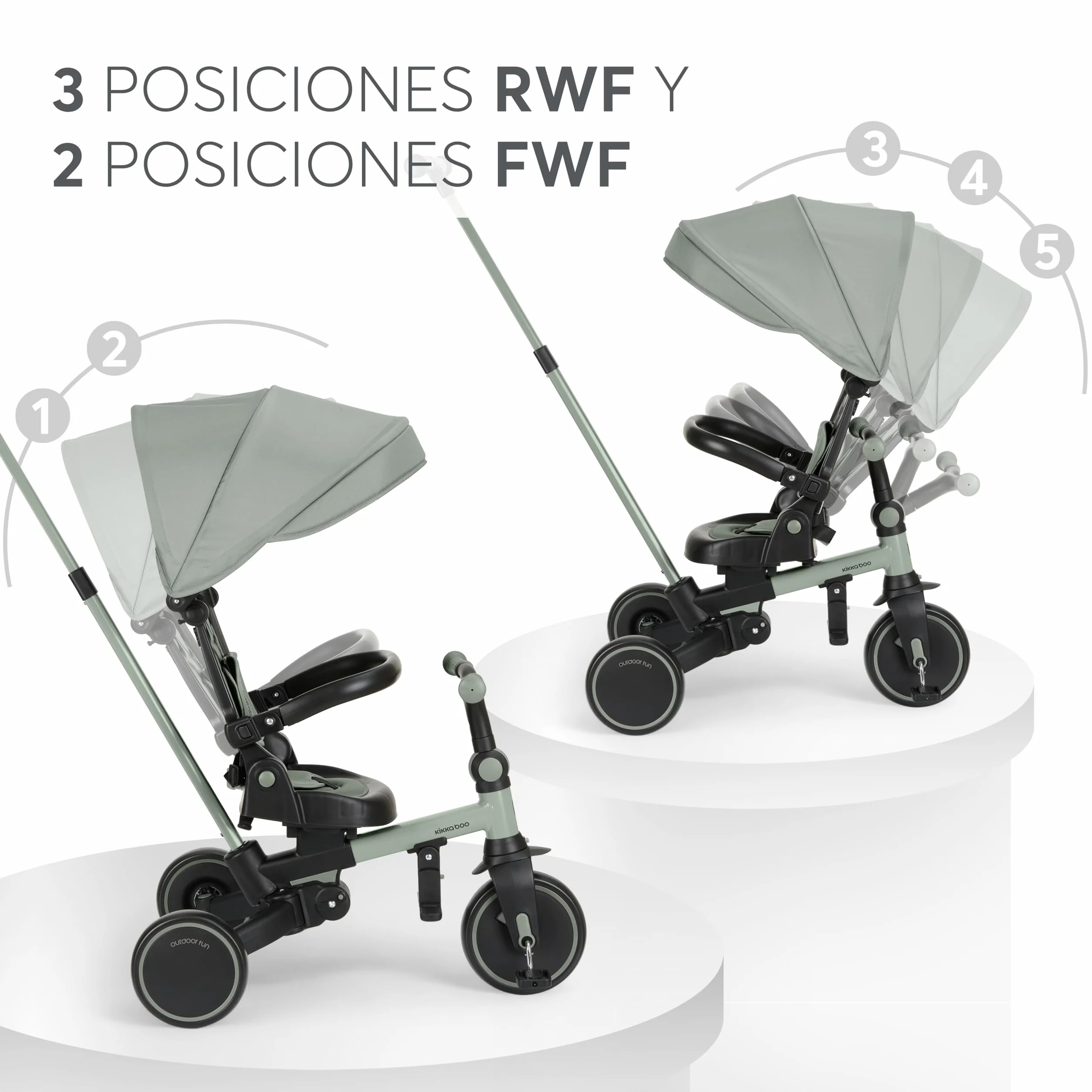 KikkaBoo Triciclo Evolutivo ALUMA 8 en 1, Triciclo Bebé Plegable con Manillar Padres, Asiento Reversible, Capota Ajustable, Arnés 5 Puntos, Marco Aluminio, Verde