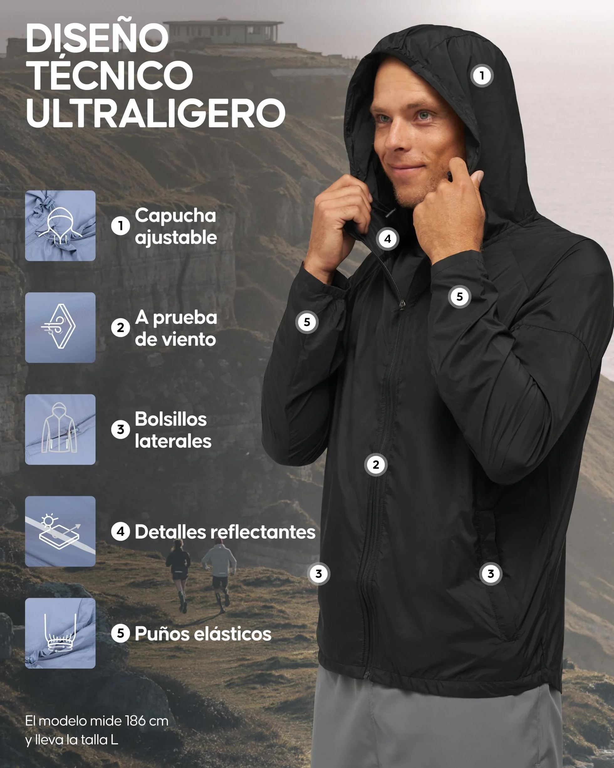 DANISH ENDURANCE Cortavientos Hombre Chaqueta Deportiva con Capucha Ajustable Puños Elásticos