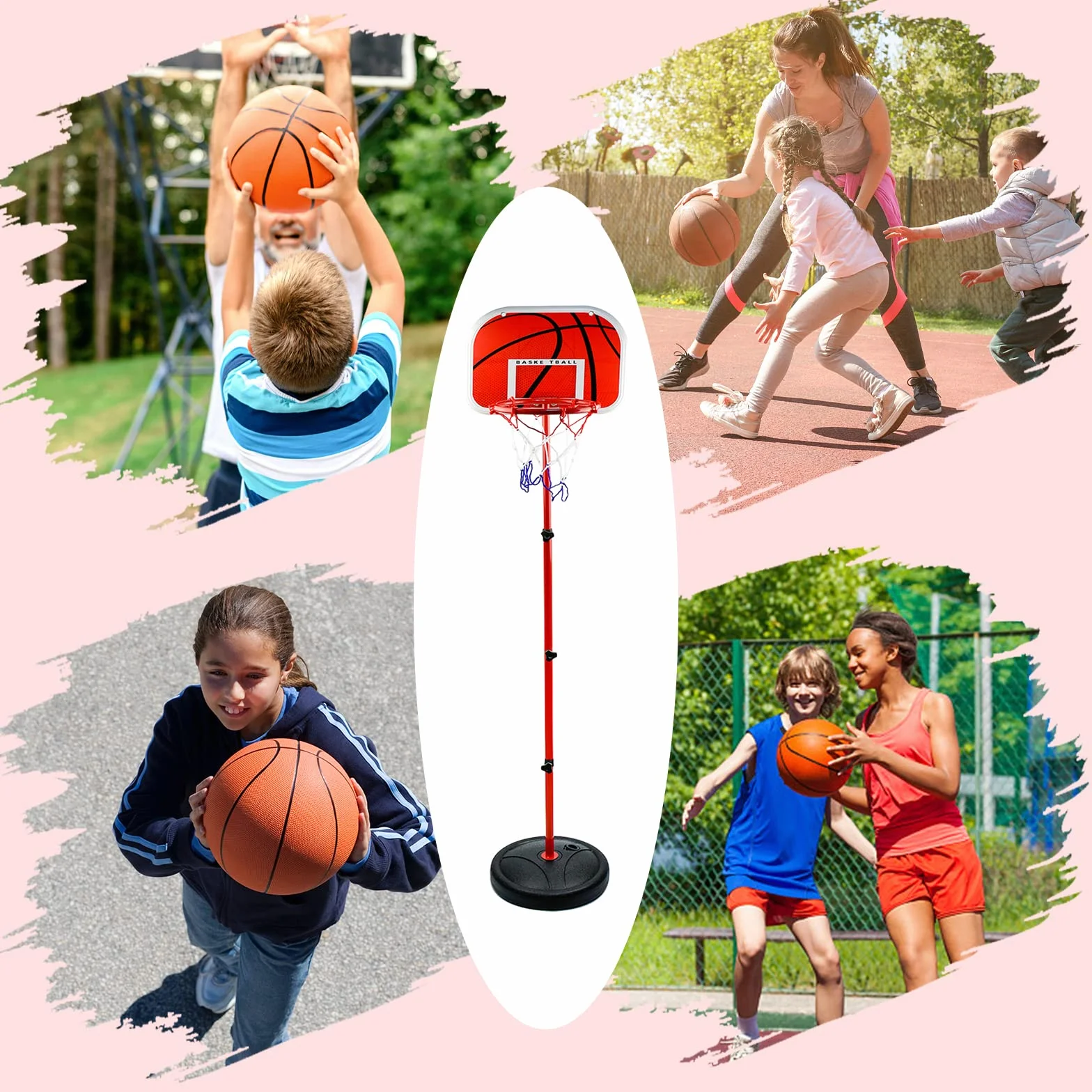 Canasta Baloncesto y Soporte Infantil, Portátil de 50 CM-150 cm para niños, Ajustable Aro de Baloncesto para Interior y Exterior, con 3 Bolas, Red, Bomba