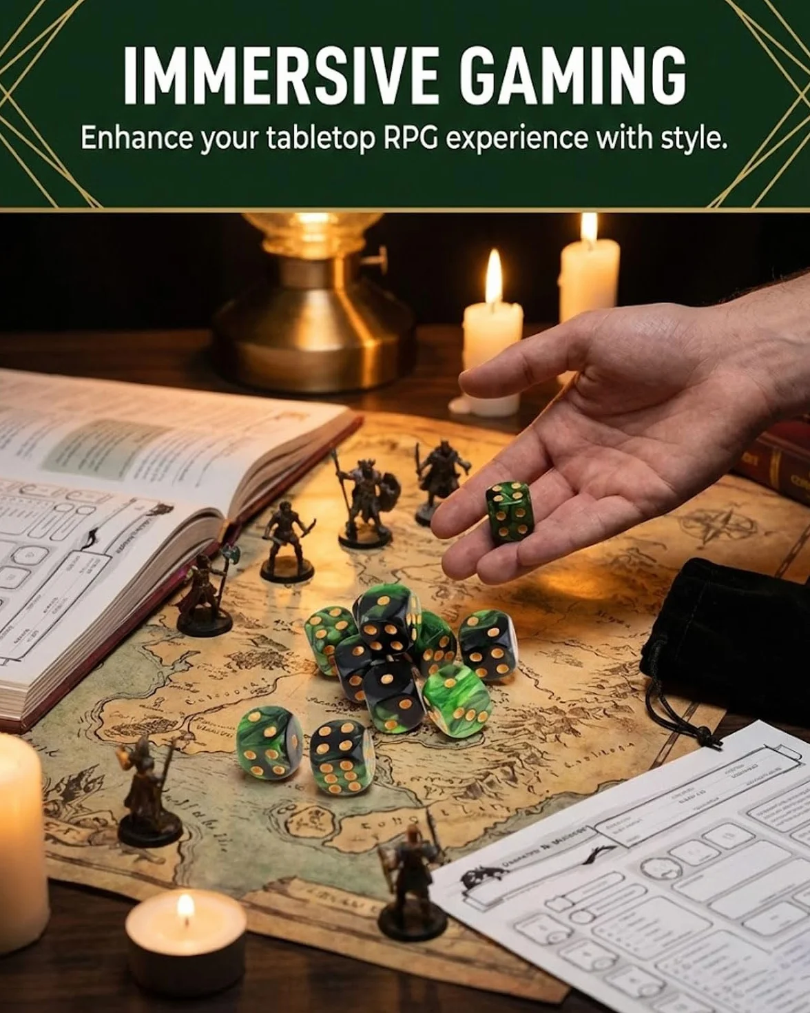 10 PCS Dados,16mm D6 Dados de Rol,Juego de Dado con Bolsa de Terciopelo para juegos de Rol,Mesa,Dice Football,Lecciones de Matemáticas(Negro-Verde)