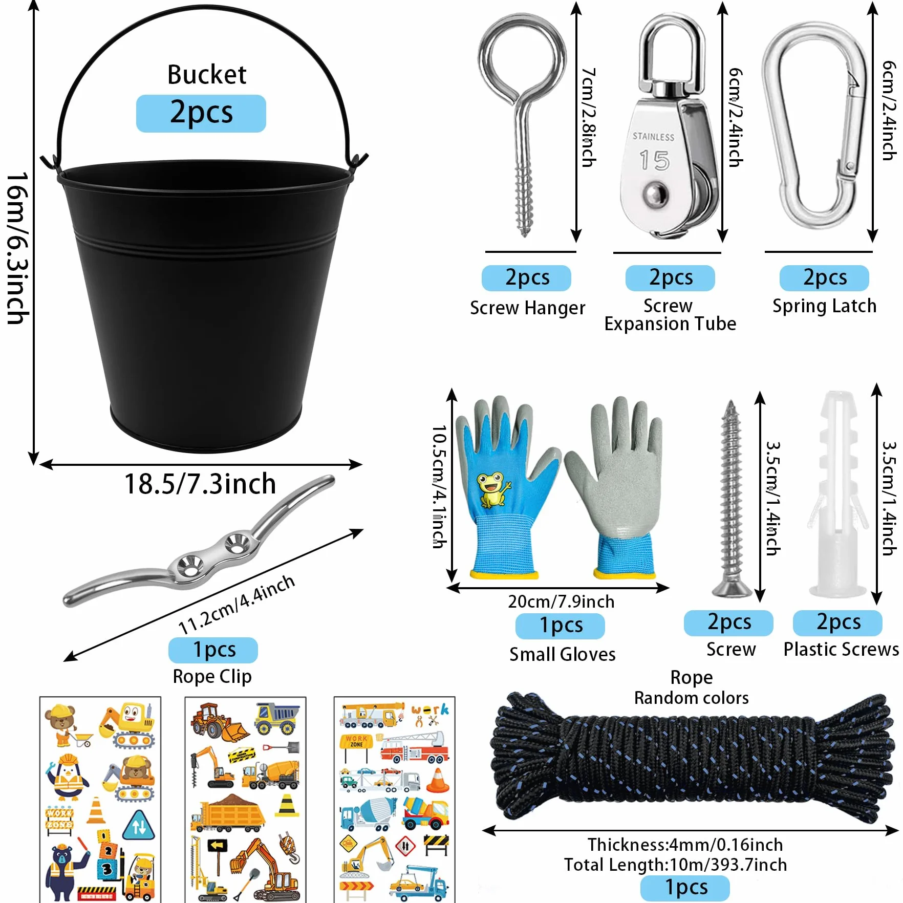 TZEKING Polea para Niños,Polea con 2 Cubo de Metal,Accesorios de casa de árbol para niños,polea con Cable de Cubo,Sistema de Polea para Niños,polea para niños,para Niños y Niñas a Partir de 3 Años