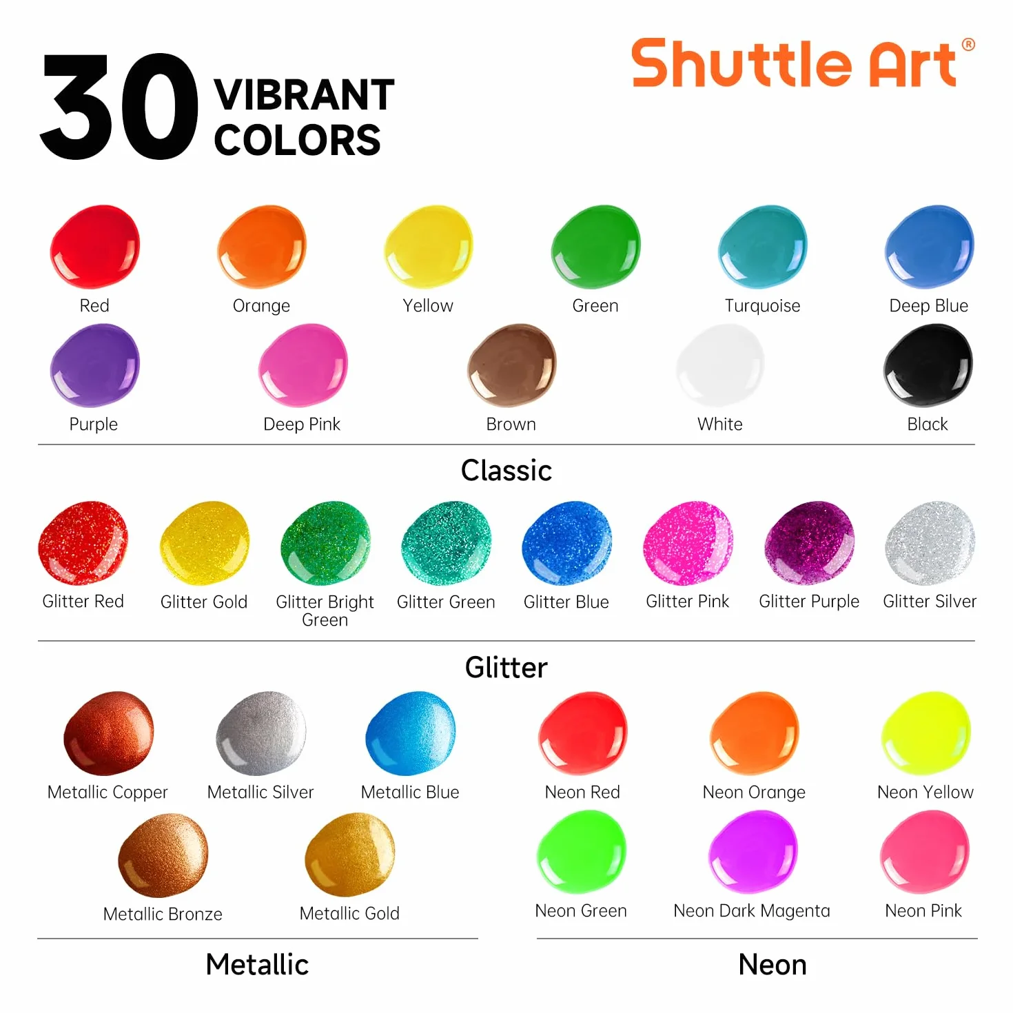 Shuttle Art Pintura Témperas, 30 Colores de Témpera en Frascos (2oz/60ml), Pinturas de Dedos No Tóxicos, Pintura al Tempera para Arte, Manualidades y Proyectos Escolares