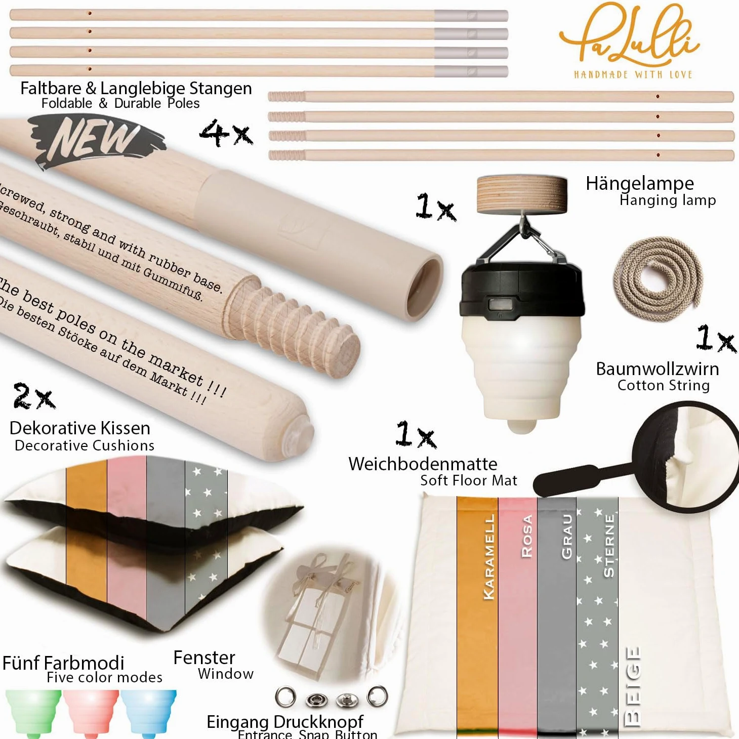 PaLulli Tipi - Tienda de campaña para niños con alfombra y sistema anticolapso y 3 cojines decorativos de lona de algodón (beige)