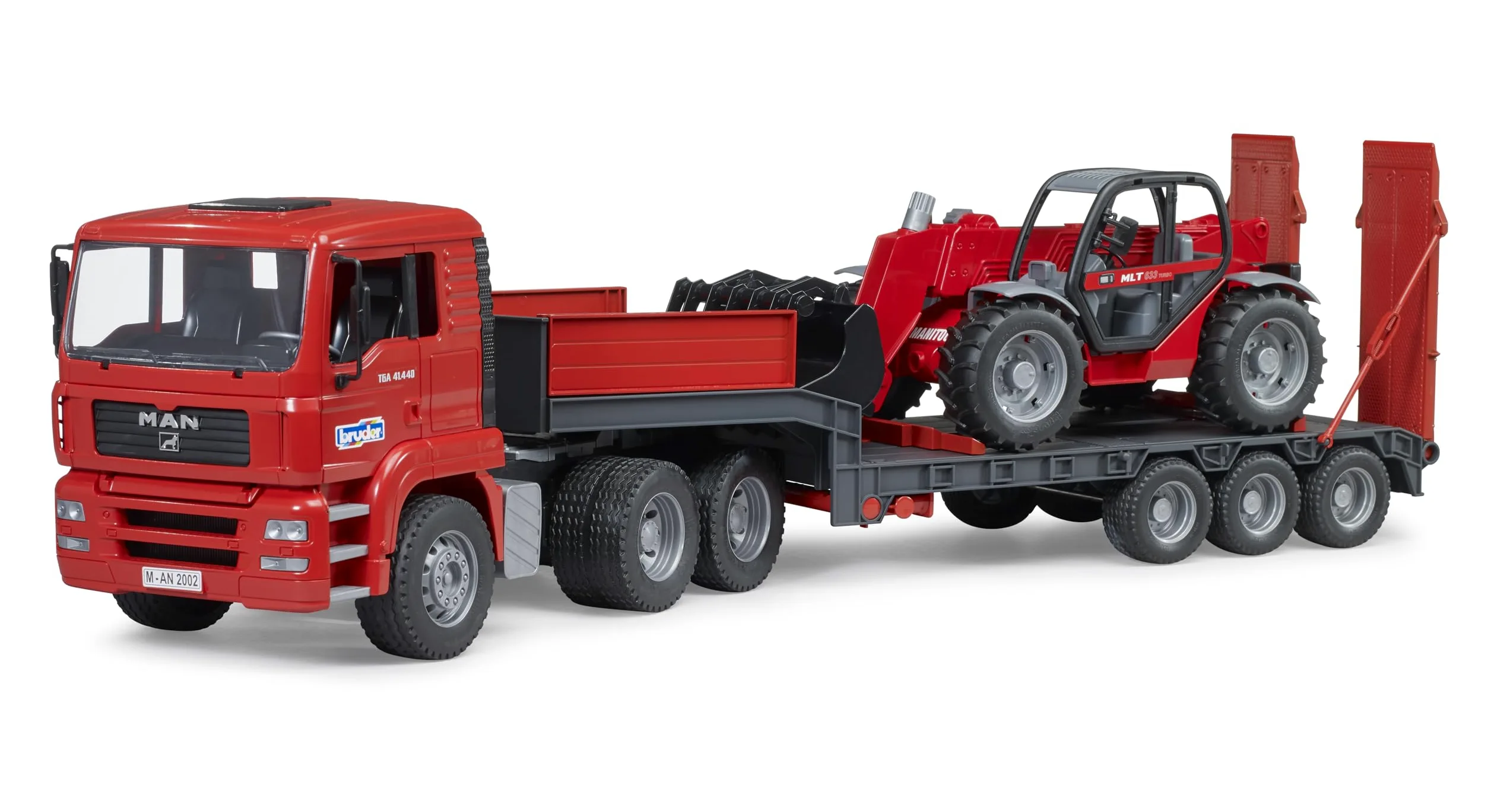 Bruder 02774 - Man TGA con Plataforma Baja y Cargador telescópico Manitou | Camión con pala cargadora, camión, set de vehículos, juguete a partir de 3 años, escala 1:16