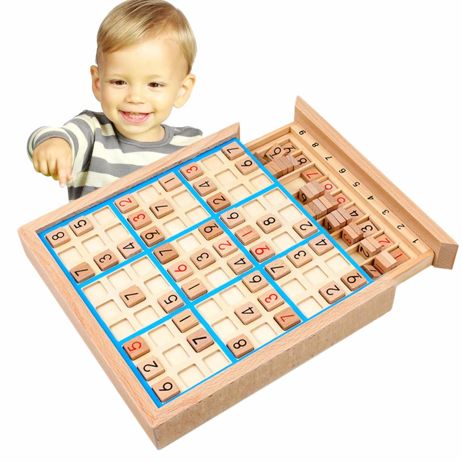 Mesa Sudoku Madera | Juguetes Rompecabezas matemáticas con cajón - Juego Familiar cuadrícula 9x9, Escritorio Math Brain Teaser