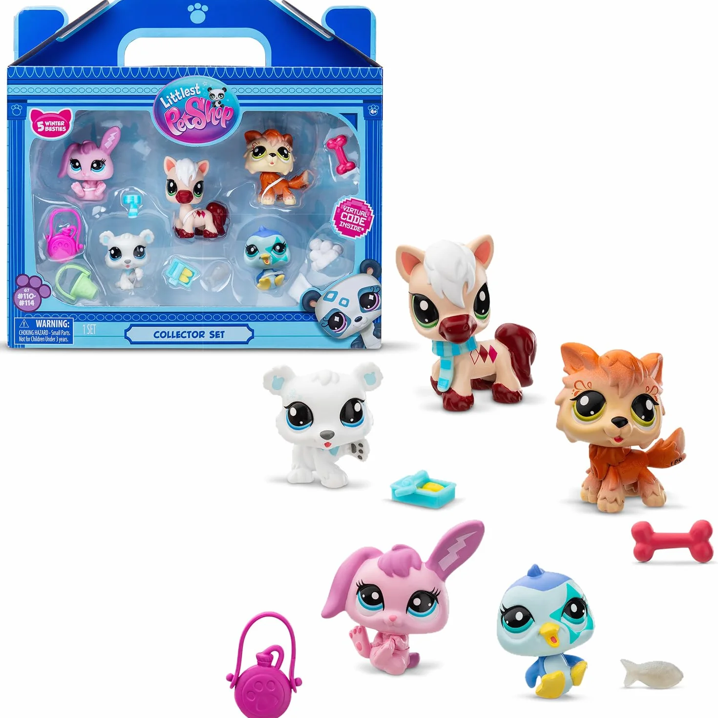 BANDAI Littlest Pet Shop Pack DE 5 Winter Besties BF00573 Incluye 5 Mascotas, 7 Accesorios adorables, 1 Tarjeta de coleccionista, 1 código Virtual, Cabezas Móviles, para Edades de 4 años+