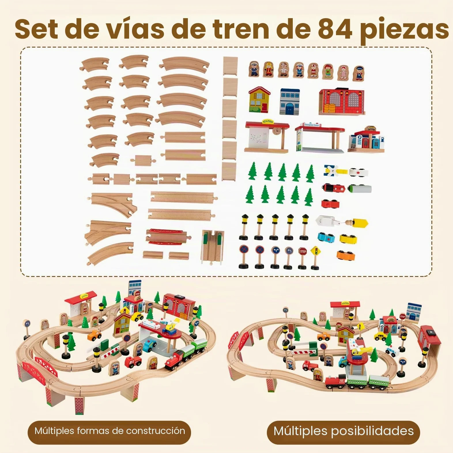 FANTASK Mesa de Juego de 84 Piezas de Madera, Juego de ferrocarril Infantil con Tablero y cajón Reversibles y extraíbles, Mesa de Actividades para Jugar, Pintar, Leer, Comer, Juguetes para niños a
