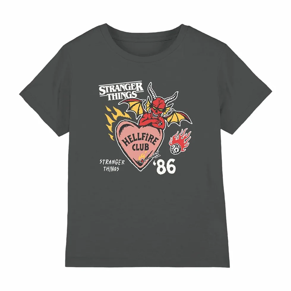 Stranger Things Hellfire Hearts Kids T Shirt, Charcoal