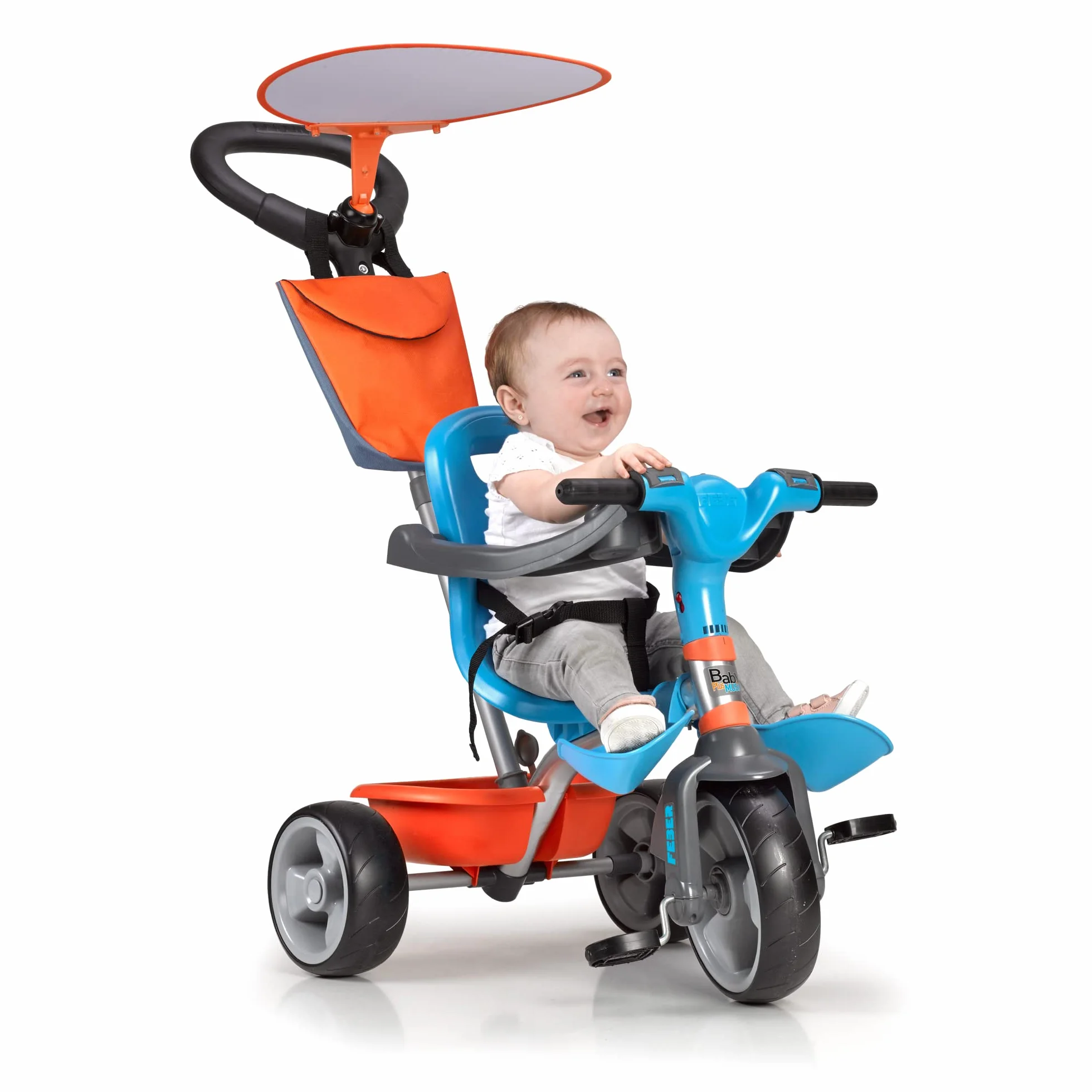 FEBER - Baby Plus Music, Triciclo para Niños con Estructura Metálica y Cinturón de Seguridad, 2 Posiciones, Silla de Empuje y Mando para Música con Altavoz, 9 Meses+, Azul, Famosa (800012100)