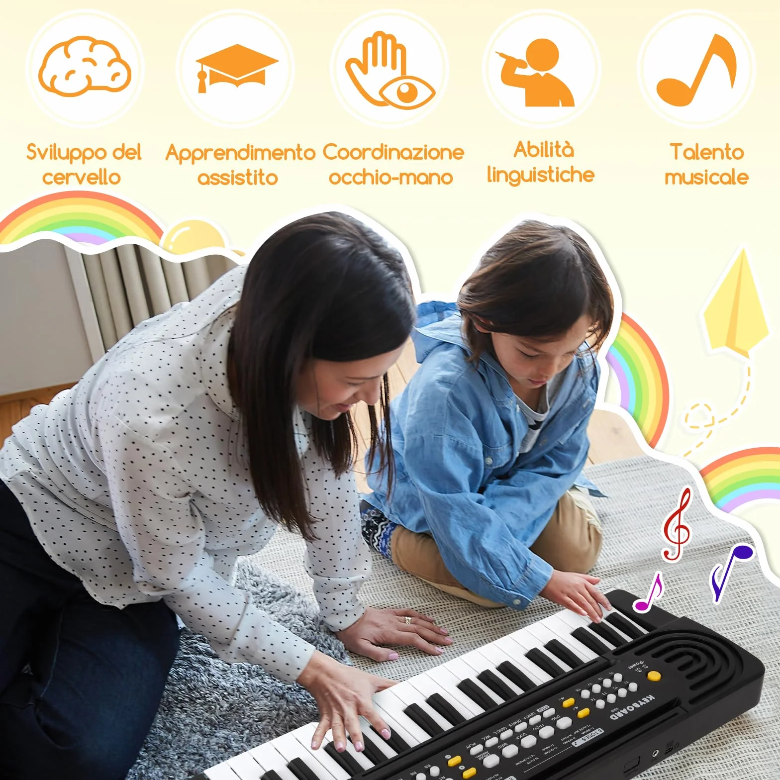 Piano Electrico Infantil con Micrófono, 37 Teclas Multifunción Piano para Niños, Organo Electronico Portátiles Calidad de Sonido HD, Doble Alimentación, Educativa Musical Regalo 3+ Años