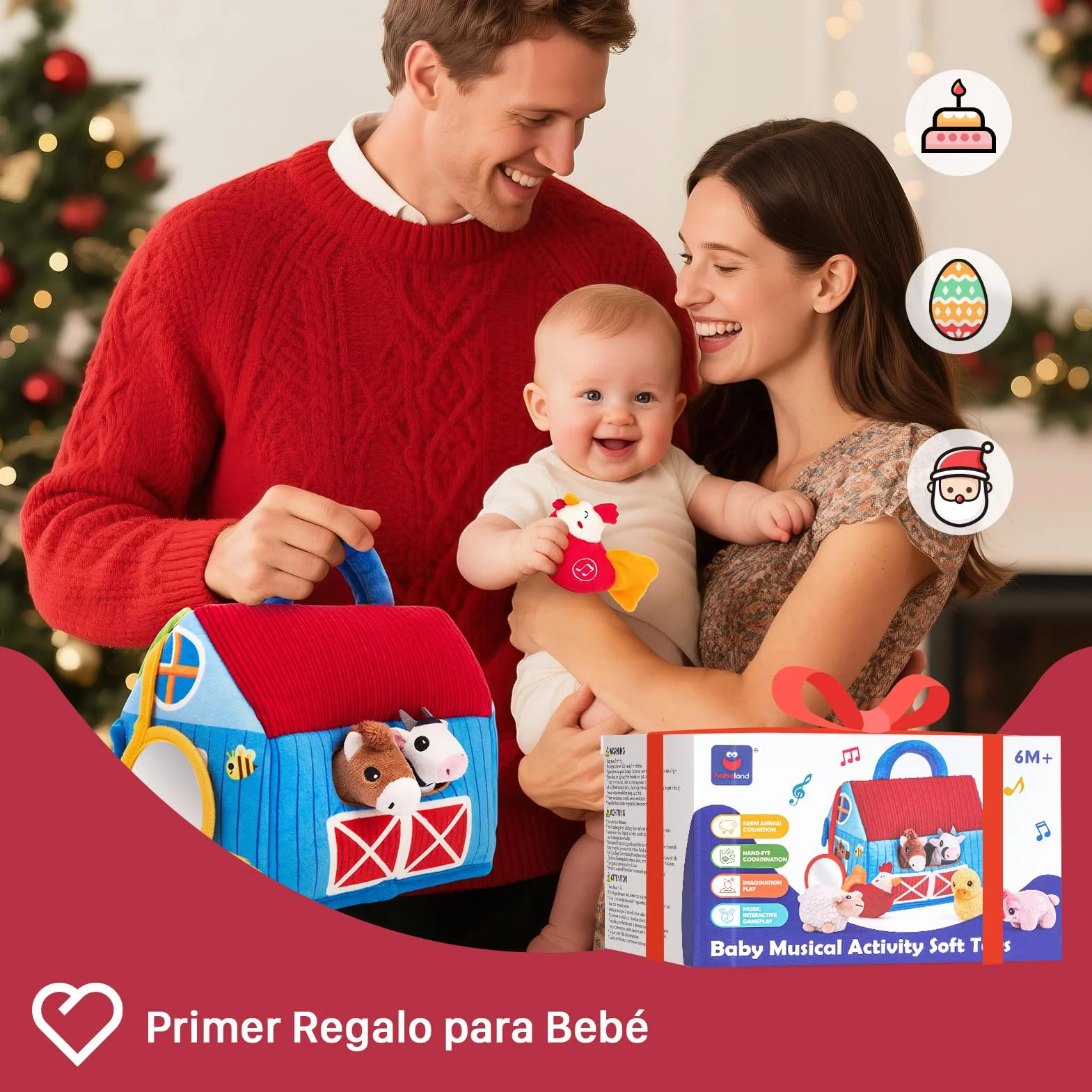 hahaland Juguetes Bebes 6-12 Meses - Granja de Peluche con 6 Animales Interactivo, Granero Plegable Blando - Montessori Juguetes Niños 1 año Regalo Bebe 6 12 18 Meses