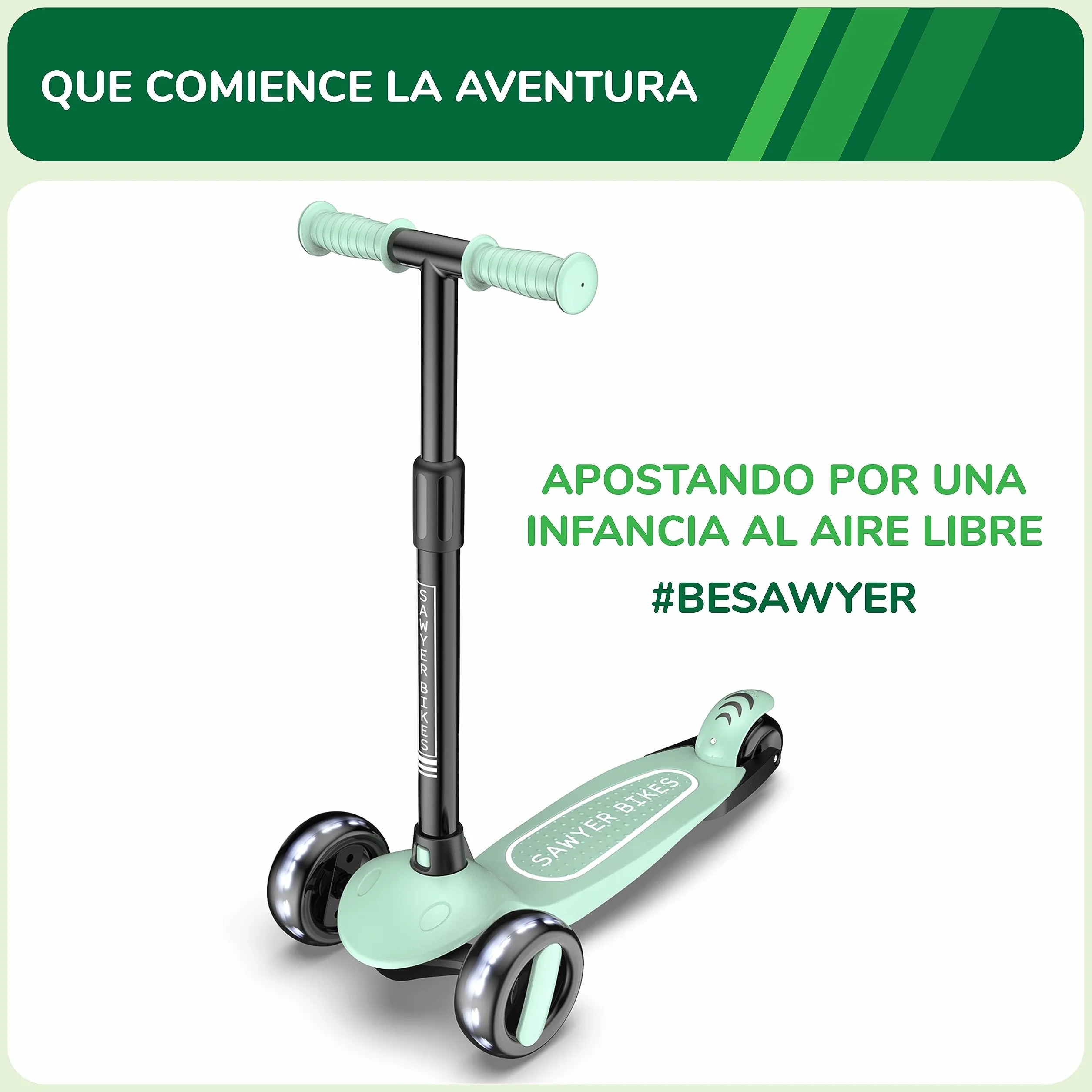 Sawyer Bikes - Patinete Ajustable Ruedas LED - Niños 2 a 8 Años