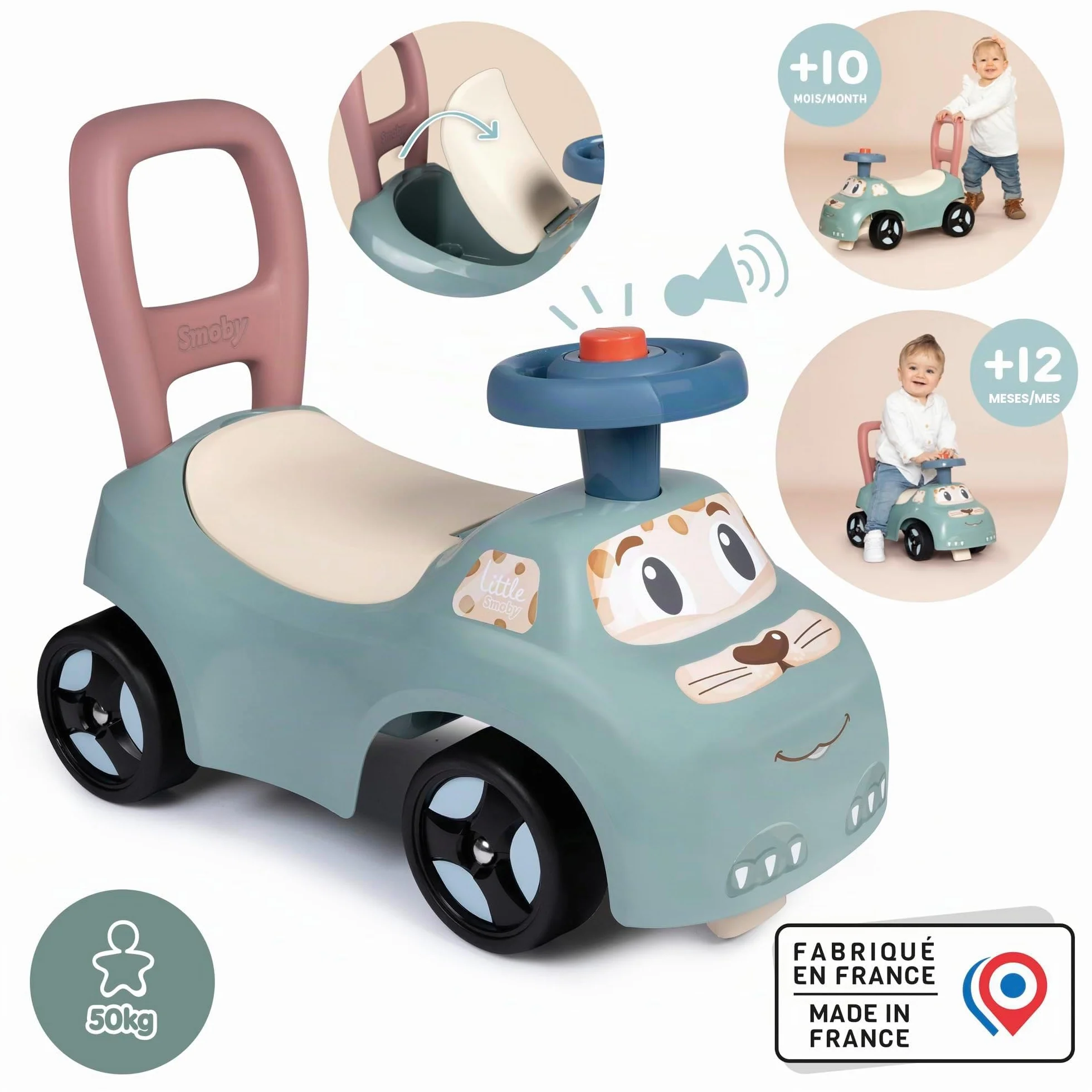 Smoby Little Coche correpasillos - Función Andador - Volante - Caja de Juguetes - A Partir de 10 Meses - Fabricado en Francia
