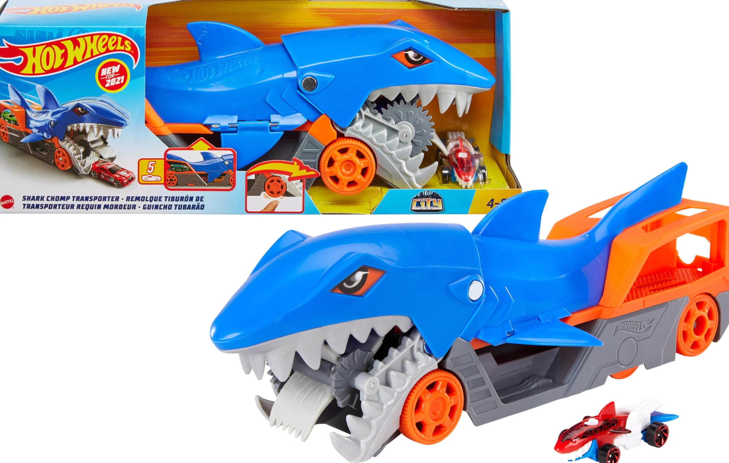 Hot Wheels Tiburón mastica Coches, Guarda y transporta hasta 5 Coches de Juguete Die-Casts (Mattel GVG36)
