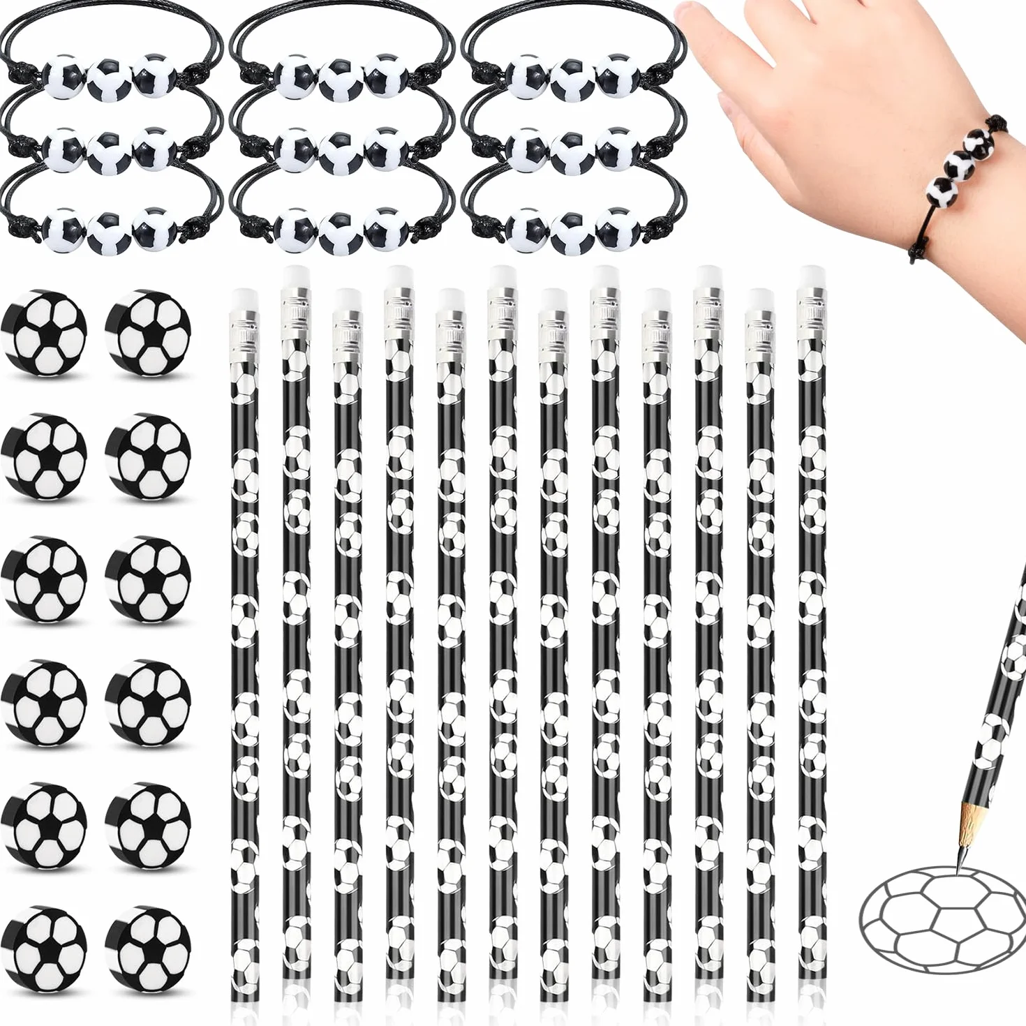 Juego de 36 obsequios de fútbol, 12 lápices, 12 gomas de borrar, 12 pulseras, regalos para la escuela, temas de fútbol, cumpleaños infantiles
