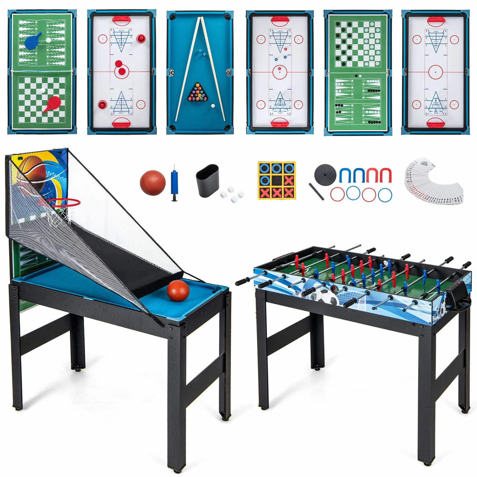 GOPLUS Mesa Multijuegos Convertible 14 en 1 con Futbolín, Mesa Multifuncional con Billar, Air Hockey, Ping Pong, Baloncesto, Shuffleboard, Ajedrez, Juegos Combinada para Fiesta Bar Hogar