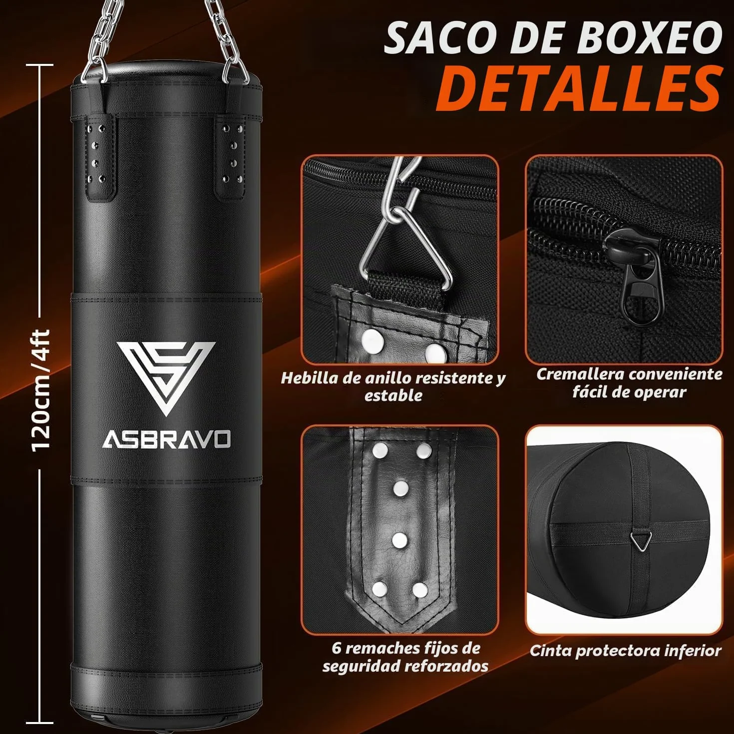 Saco de Boxeo 120 cm con Guantes 12 oz Vendajes 5m para MMA Karate Taekwondo