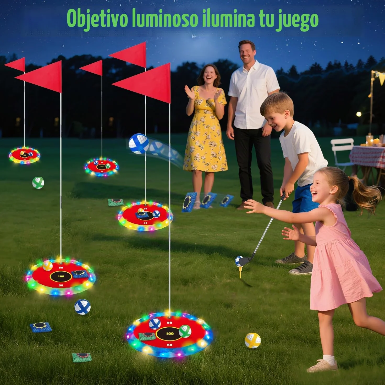 VATOS Juego de golf 2 en 1 con luz para niños - Juego de golf de astillado y lanzamiento de bolsa de puf con 6 objetivos LED, 2 palos, 18 bolas, juego de golf nocturno para fiesta en interiores al