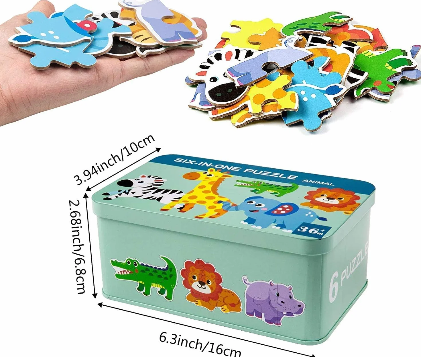 6 Pack Rompecabezas Puzzle Juguetes Bebes para Niños de 1 2 3 4 5 Años, Puzzle, Regalos 3D Patrón Puzles, Montessori Educativos, con Caja de Rompecabezas de Metal - Animal