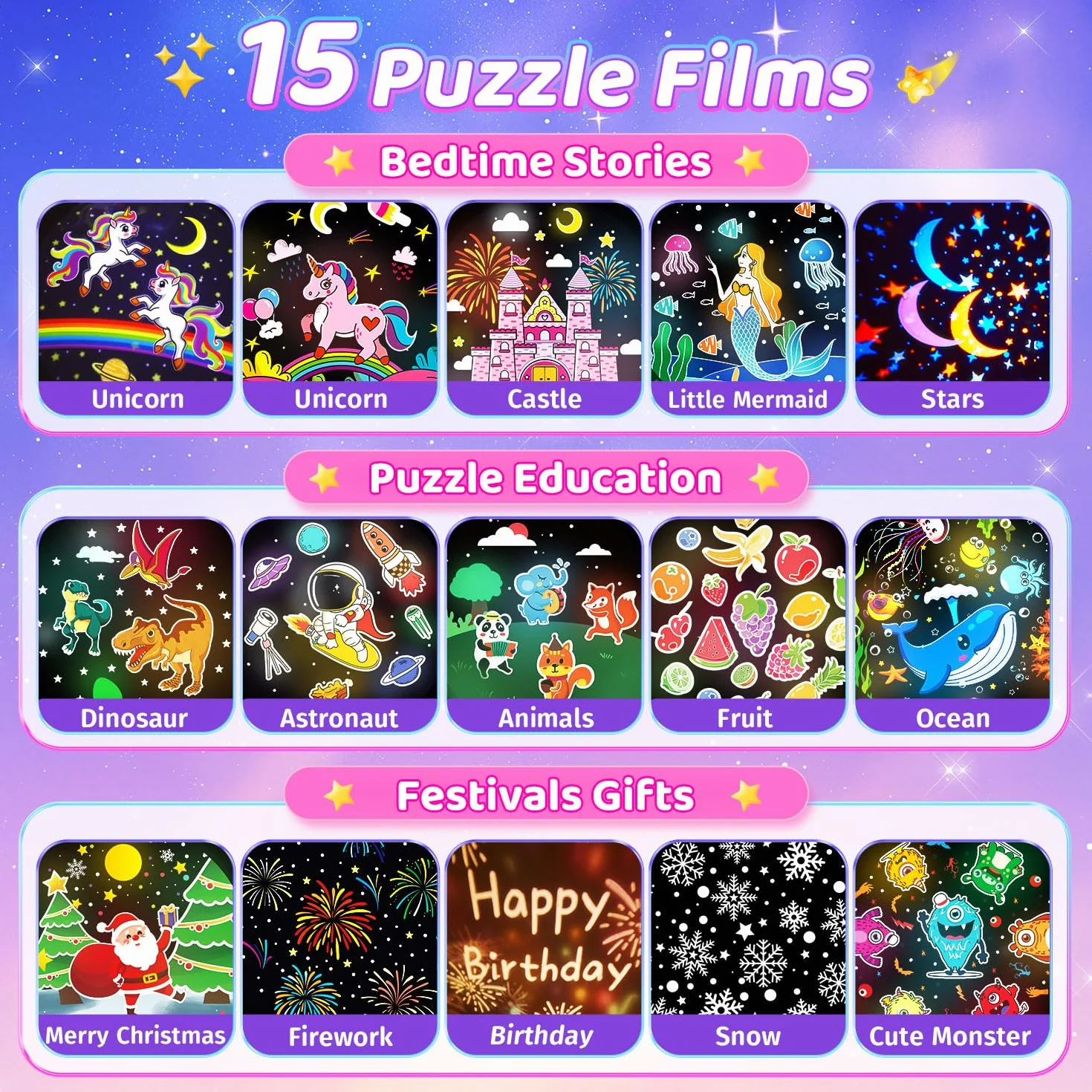 One Fire Proyector Estrellas, Regalo Niña y Luz Nocturna Infantil con 315 Modos & 15 Films, Juguete Educativo 360° como Ayuda para Dormir, Recargable con 15 Músicas, Mando y Temporizador