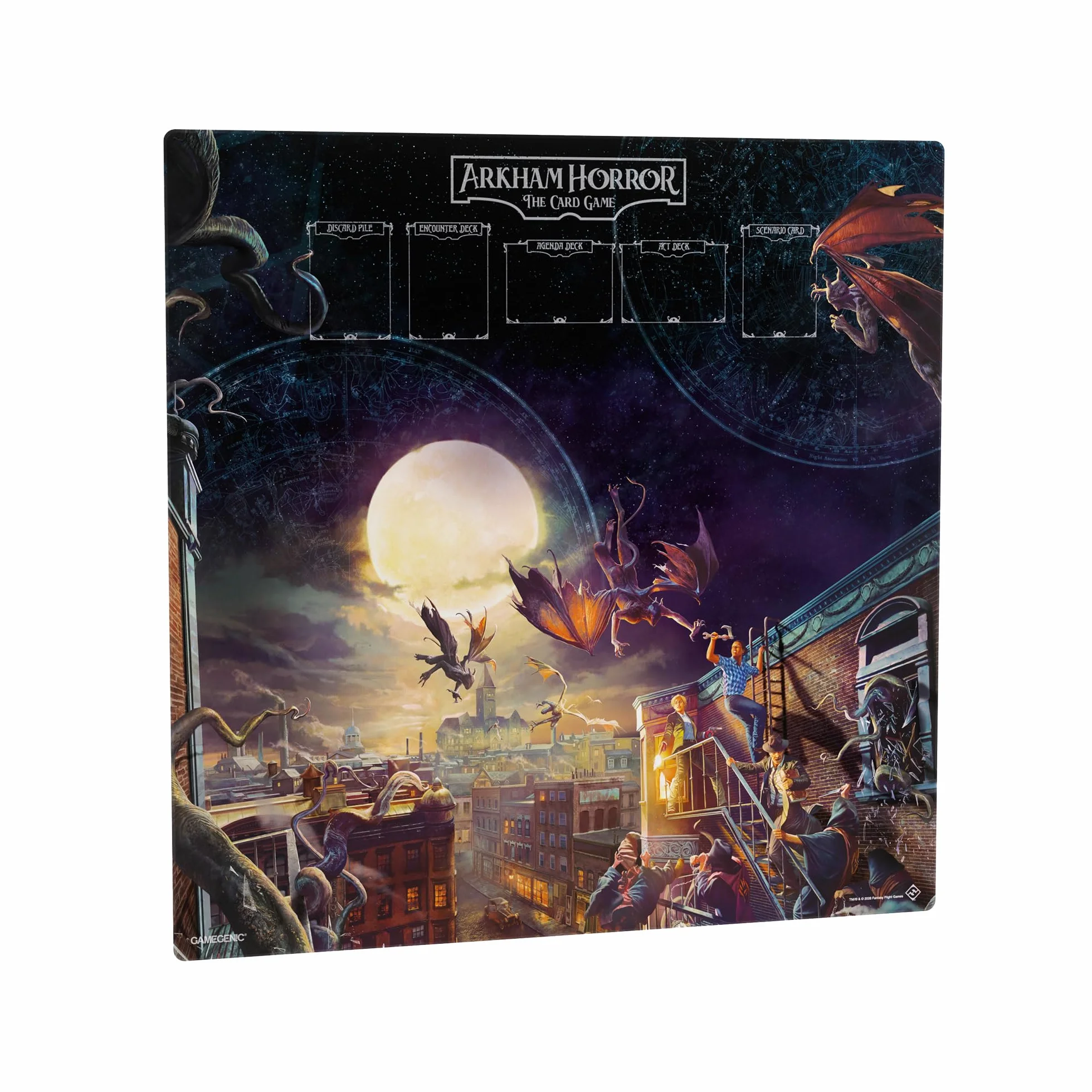 Gamegenic Arkham Horror: Center Game Mat, Tapete de Juego Premium 70x70 cm, Diseño Oficial 1 a 4 Jugadores, Zonas Delimitadas para Cartas, Bordes Cosidos, Superficie Antideslizante de 2 mm