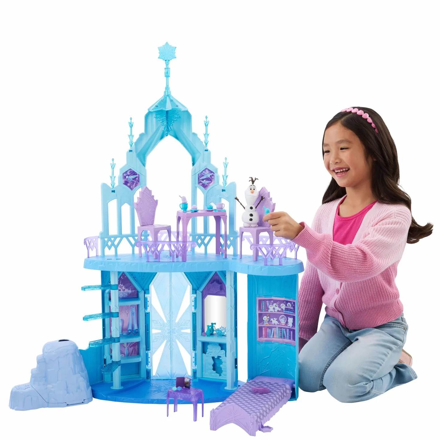 Mattel Disney Frozen Conjunto de juego Palacio de hielo de Elsa de más de 76cm de altura con figura de Olaf, 5 zonas de juego y 21 accesorios, inspirado en las películas, JGG41