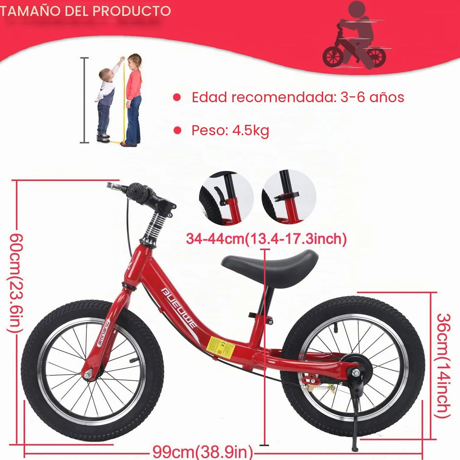 Bicicleta Sin Pedales con Freno de 2-6 años, Bici Equilibrio de 14 Pulgadas con Caballete y Timbre, Altura de Sillín Regulable, hasta 40kg, Juguetes pour Niña y Niños
