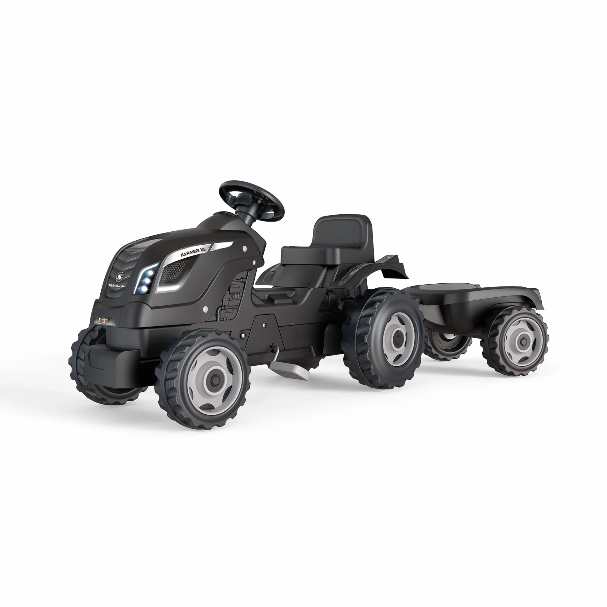 Smoby- Tractor Infantil con Pedales Farmer XL Negro, Muy Resistente, con Remolque, Volante con Bocina, Asiento Ajustable, A Partir de 3 Años (7600710131)