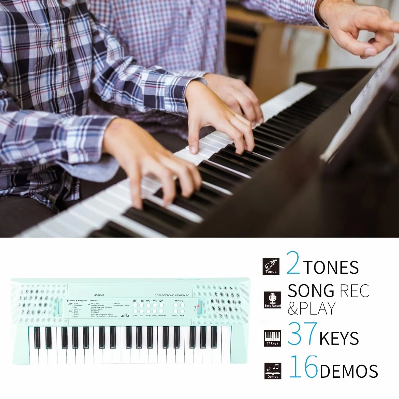 BF-3738C piano eléctrico con teclado de 37 teclas con micrófono y teclado musical y regalo de juguete para principiantes, niños y estudiantes(Azul)