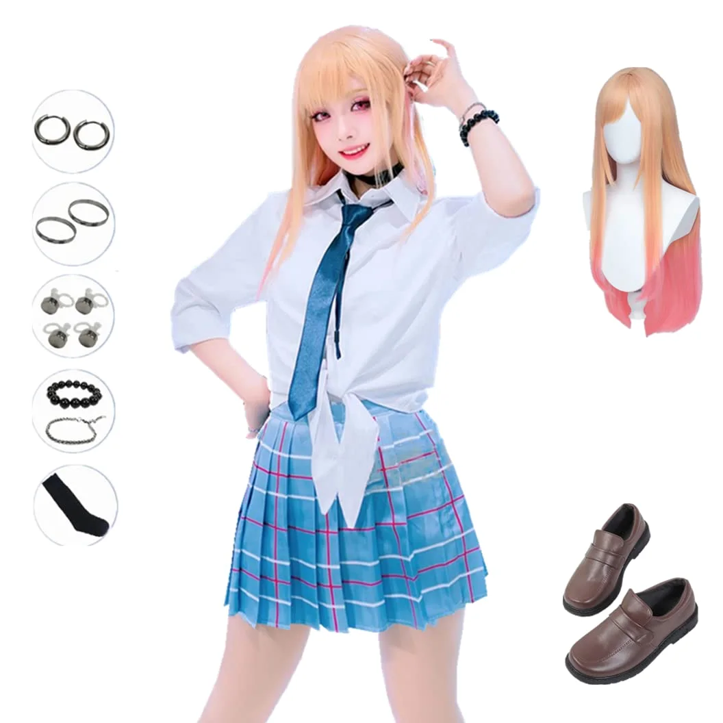 Disfraz de anime para cosplay de Kitagawa, falda a cuadros, traje de peluca y zapatos