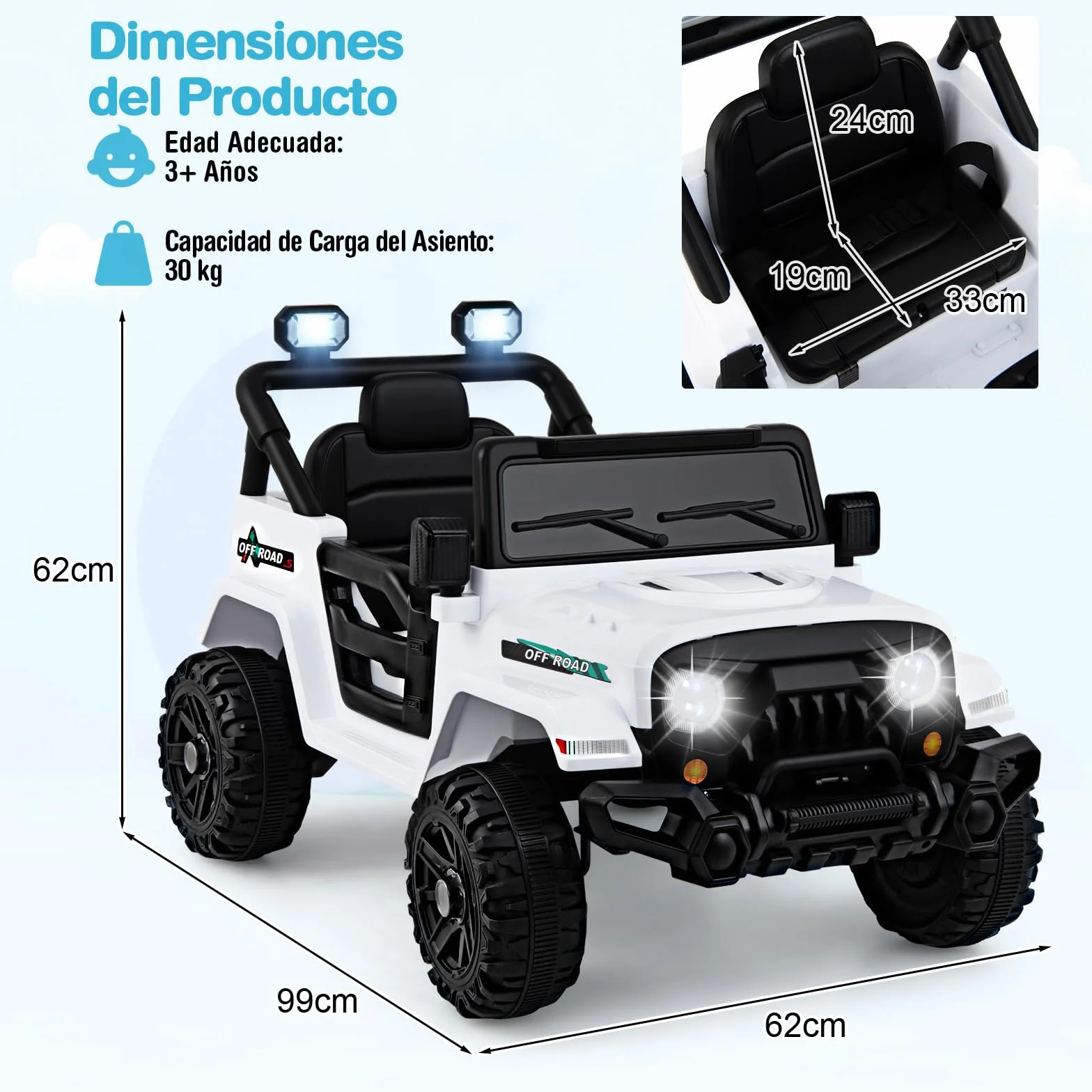 COSTWAY Coche Eléctrico para Niños 12V, Vehículo Todoterreno de Batería con Control Remoto, 3 Velocidades, Luces LED, Música, Bocina y Conexión Inalámbrica, para Niños de 3+ Años (Blanco)