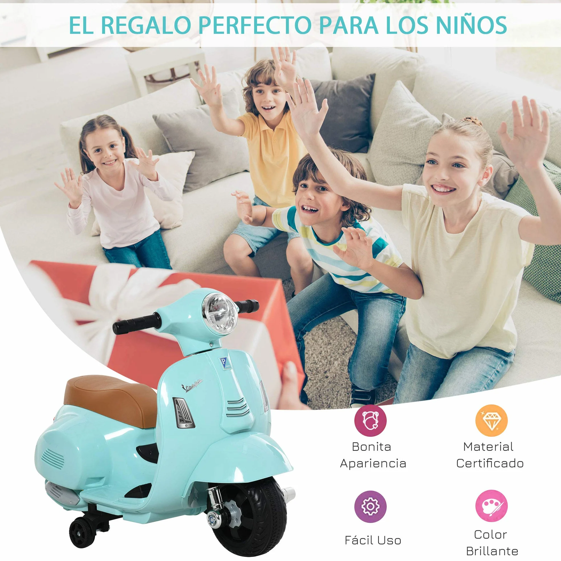 HOMCOM Moto Eléctrica Vespa para Niños de 18-36 Meses Moto de Batería 6V con Faro Bocina y 4 Ruedas Motocicleta Infantil con Licencia 66,5x38x52 cm Verde